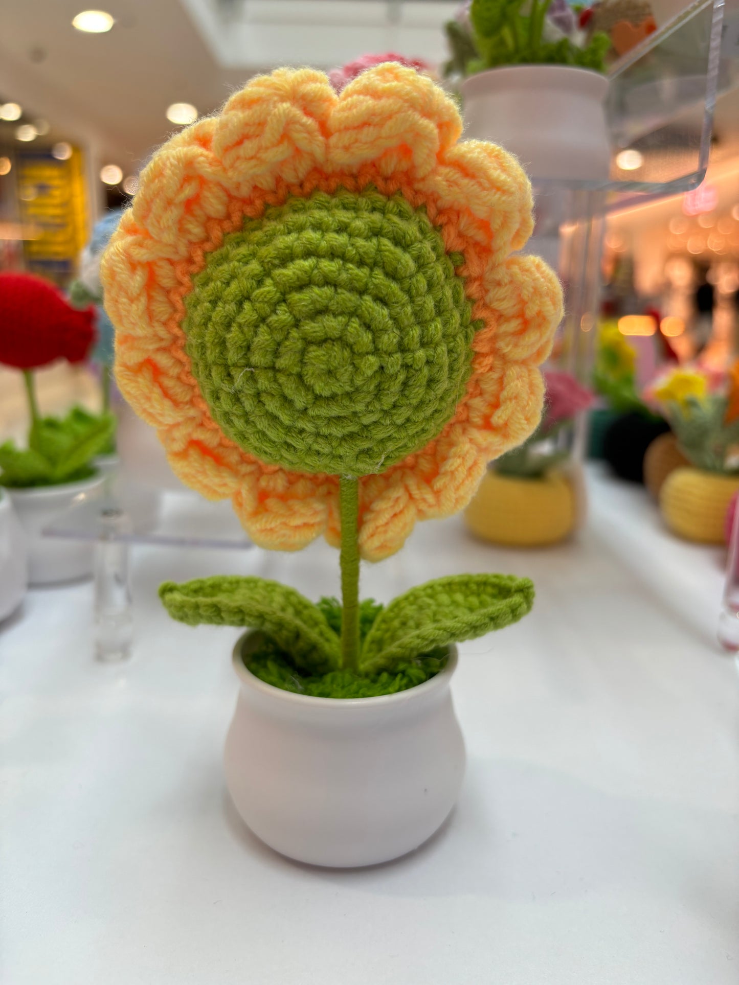 Hand-Crocheted Smiling Sunflower in Decorative Plastic Pot