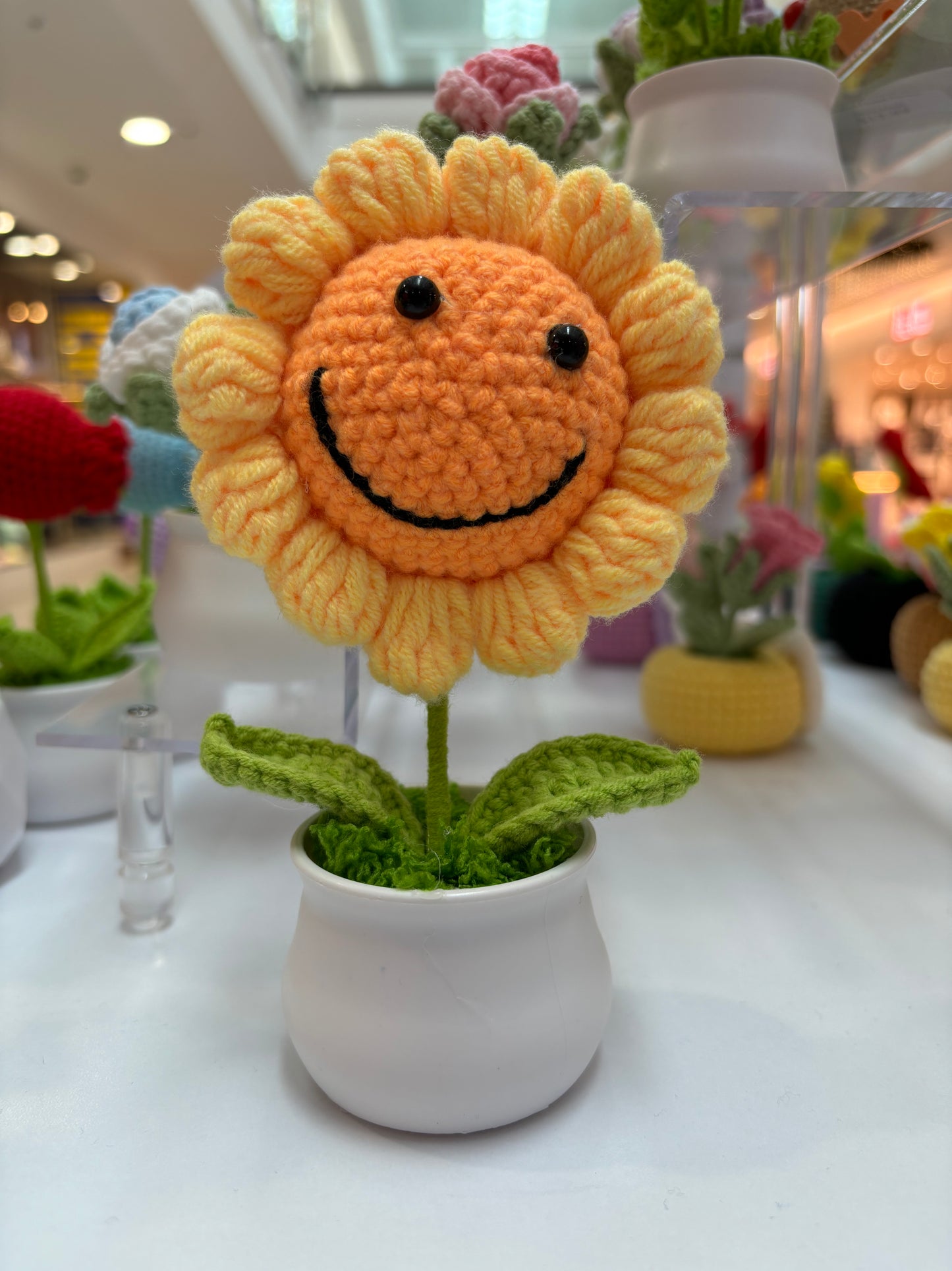 Hand-Crocheted Smiling Sunflower in Decorative Plastic Pot