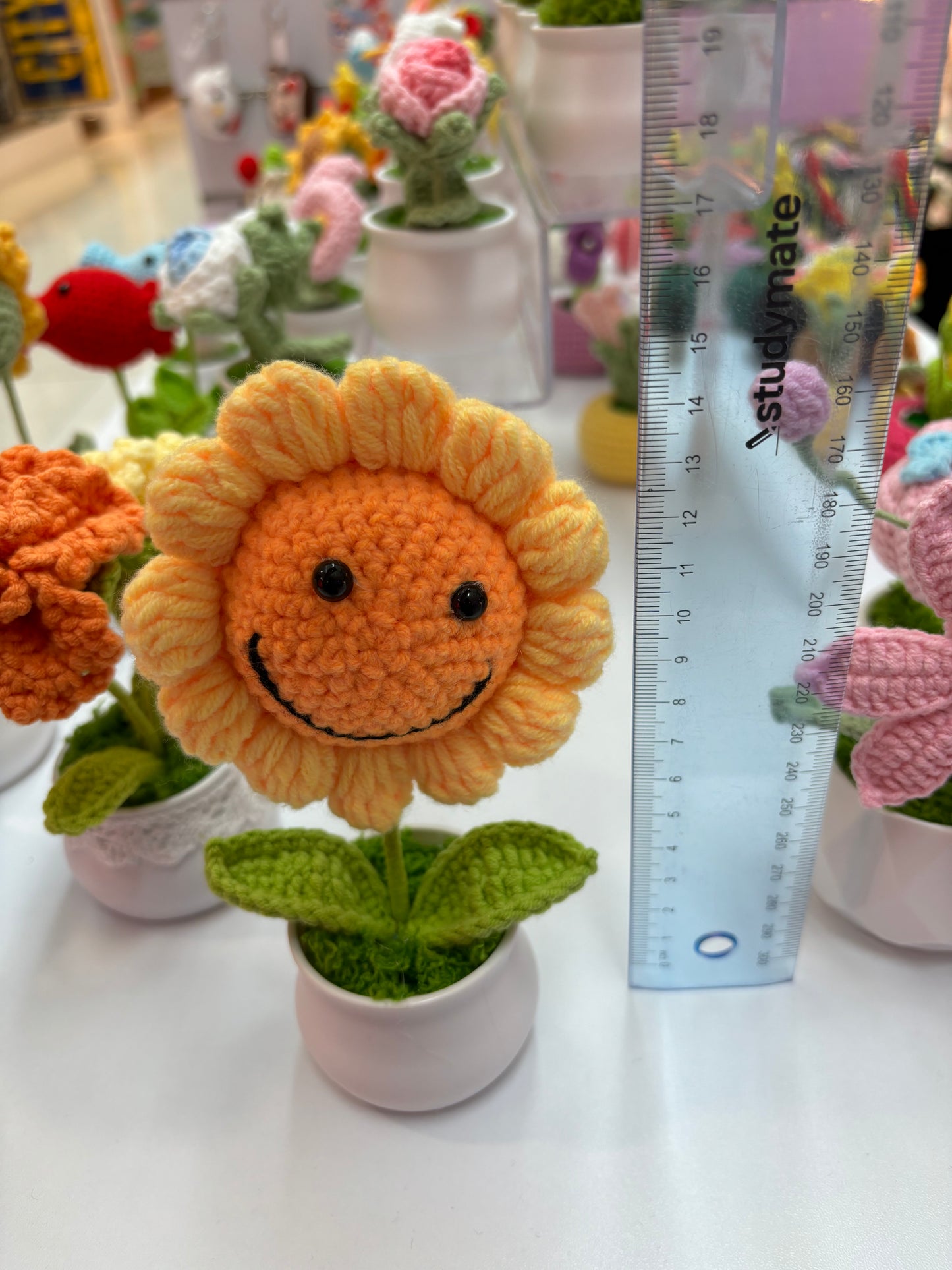 Hand-Crocheted Smiling Sunflower in Decorative Plastic Pot