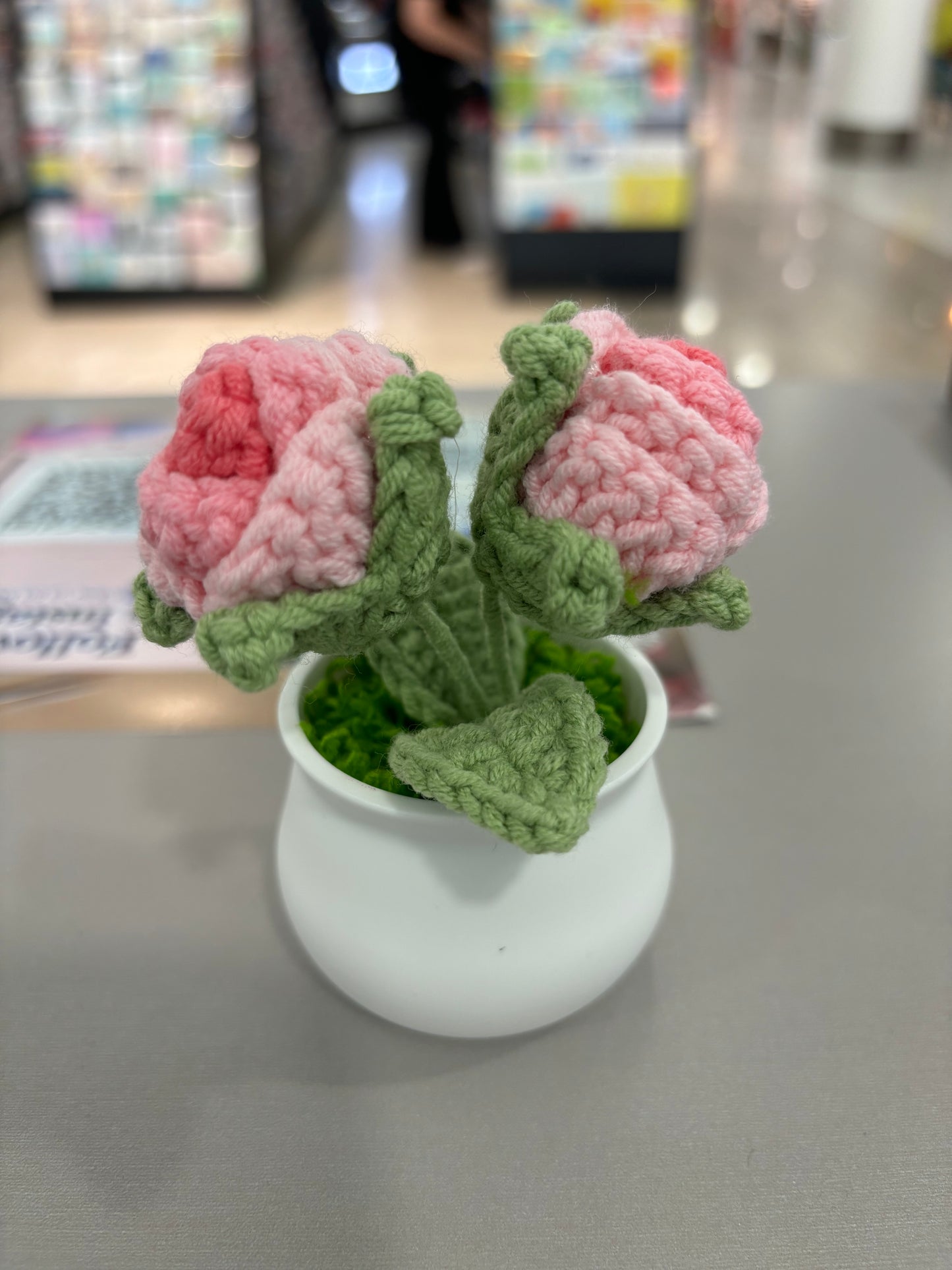 Hand-Crocheted Double Red Rose in White Pot