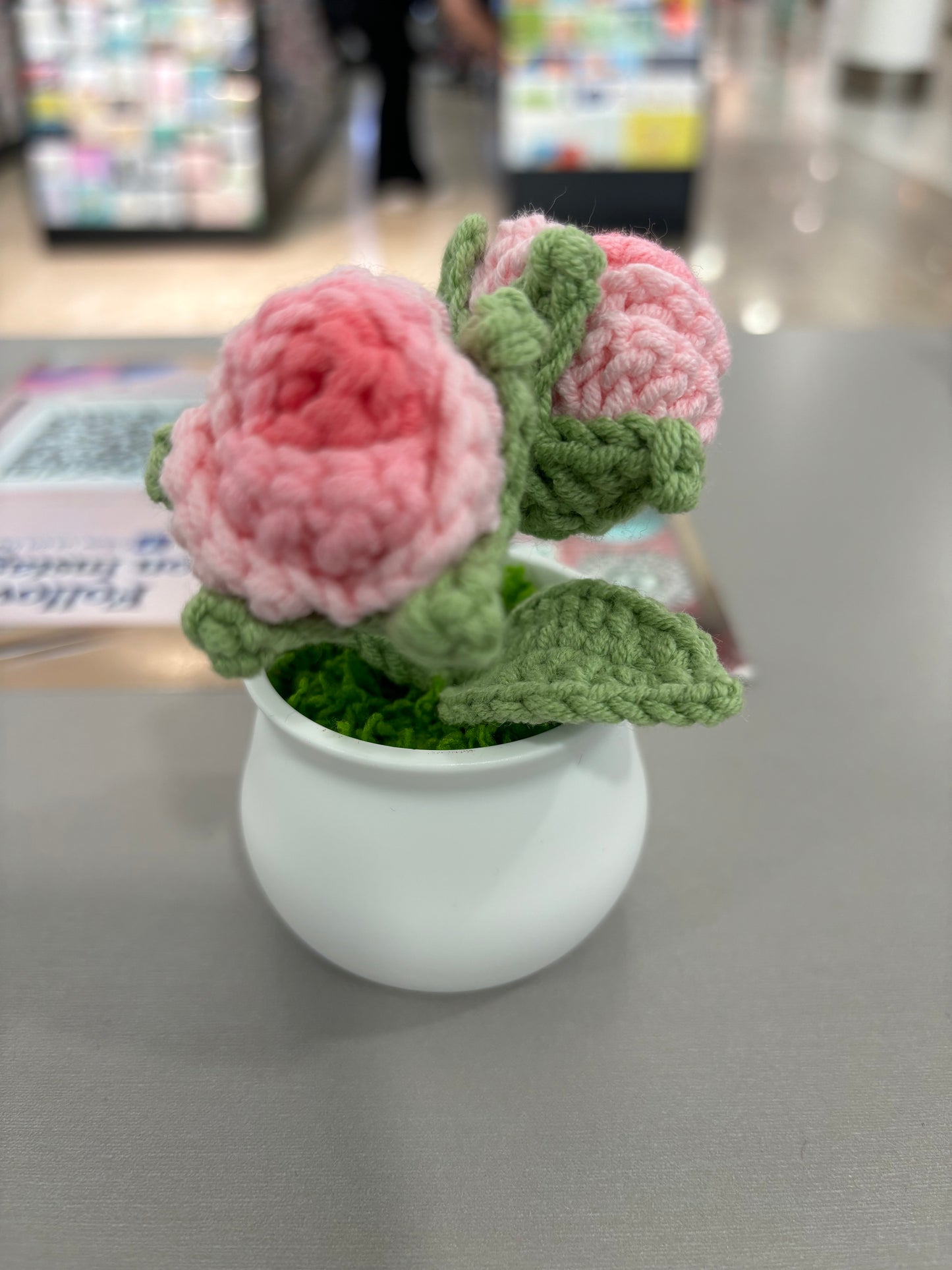 Hand-Crocheted Double Red Rose in White Pot