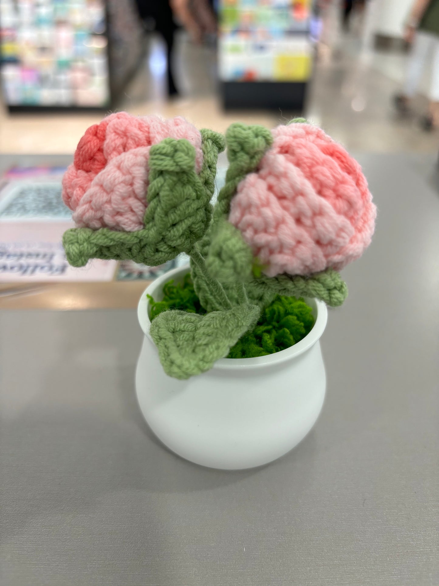 Hand-Crocheted Double Red Rose in White Pot
