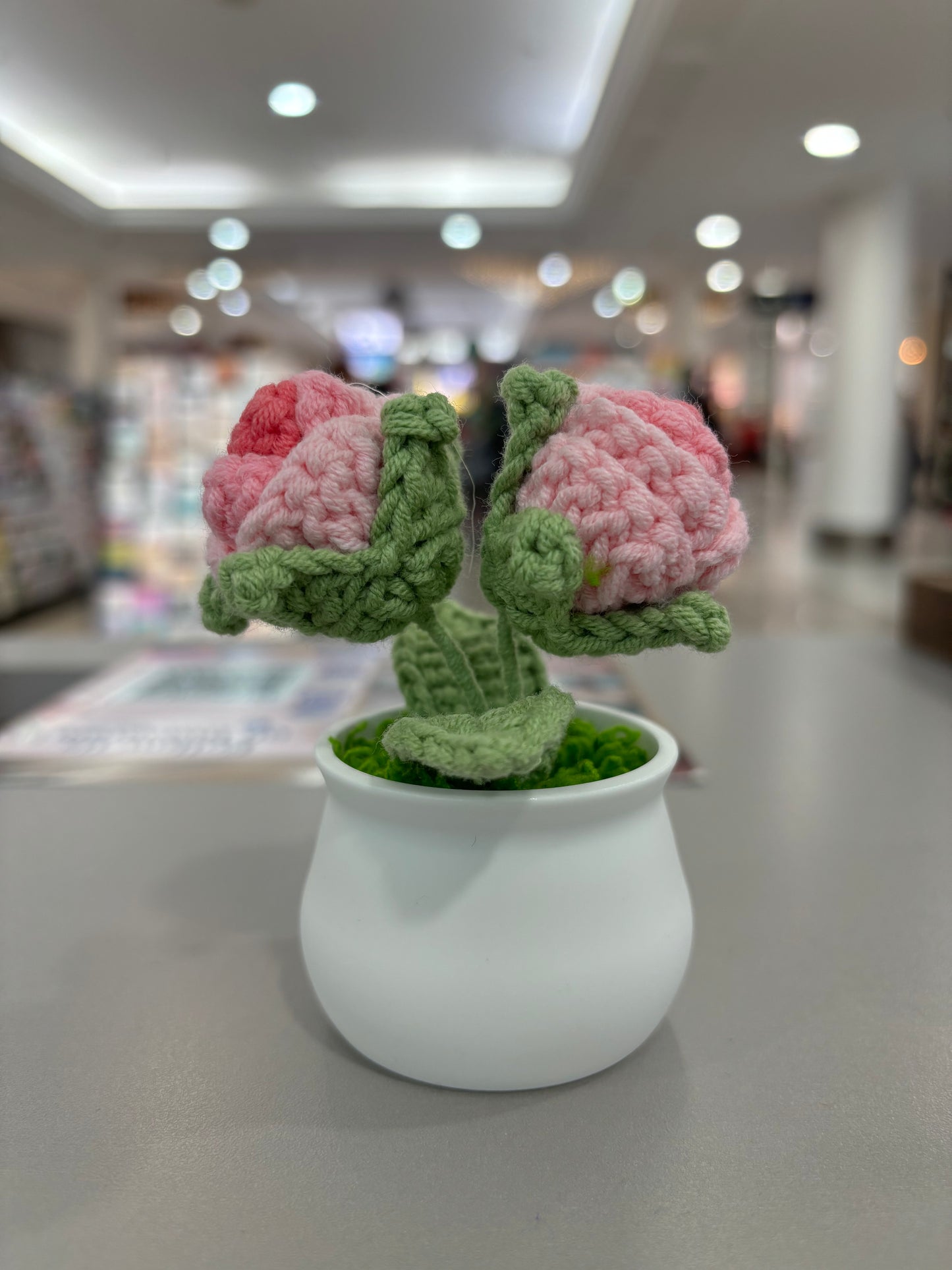 Hand-Crocheted Double Red Rose in White Pot