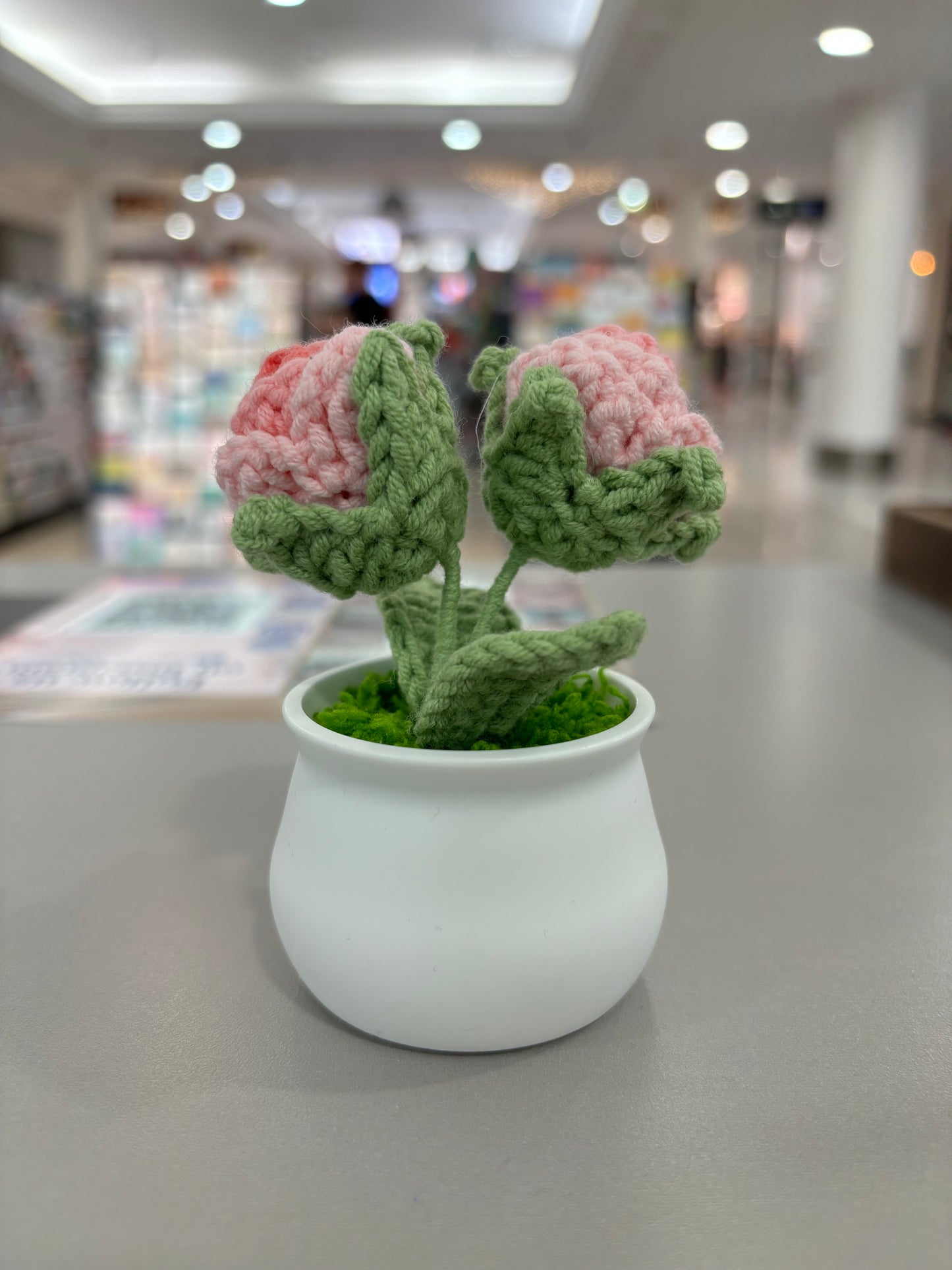 Hand-Crocheted Double Red Rose in White Pot