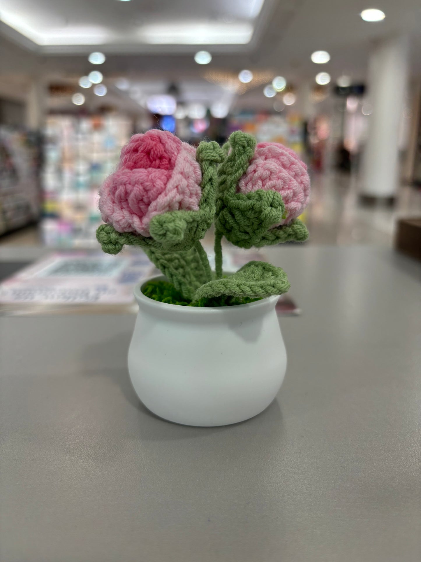 Hand-Crocheted Double Red Rose in White Pot