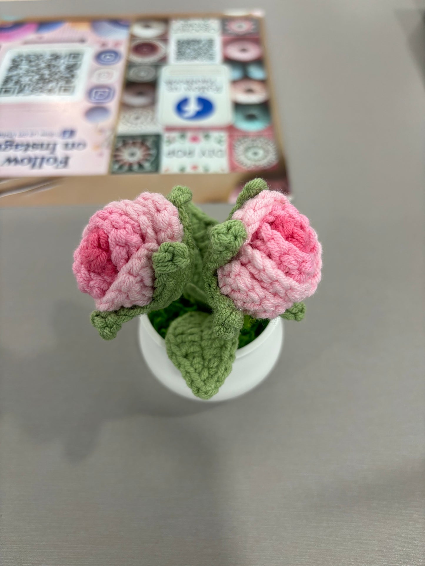 Hand-Crocheted Double Red Rose in White Pot