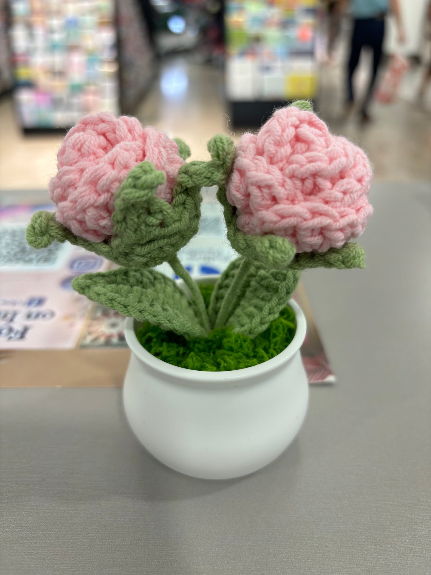 Hand-Crocheted Double Red Rose in White Pot