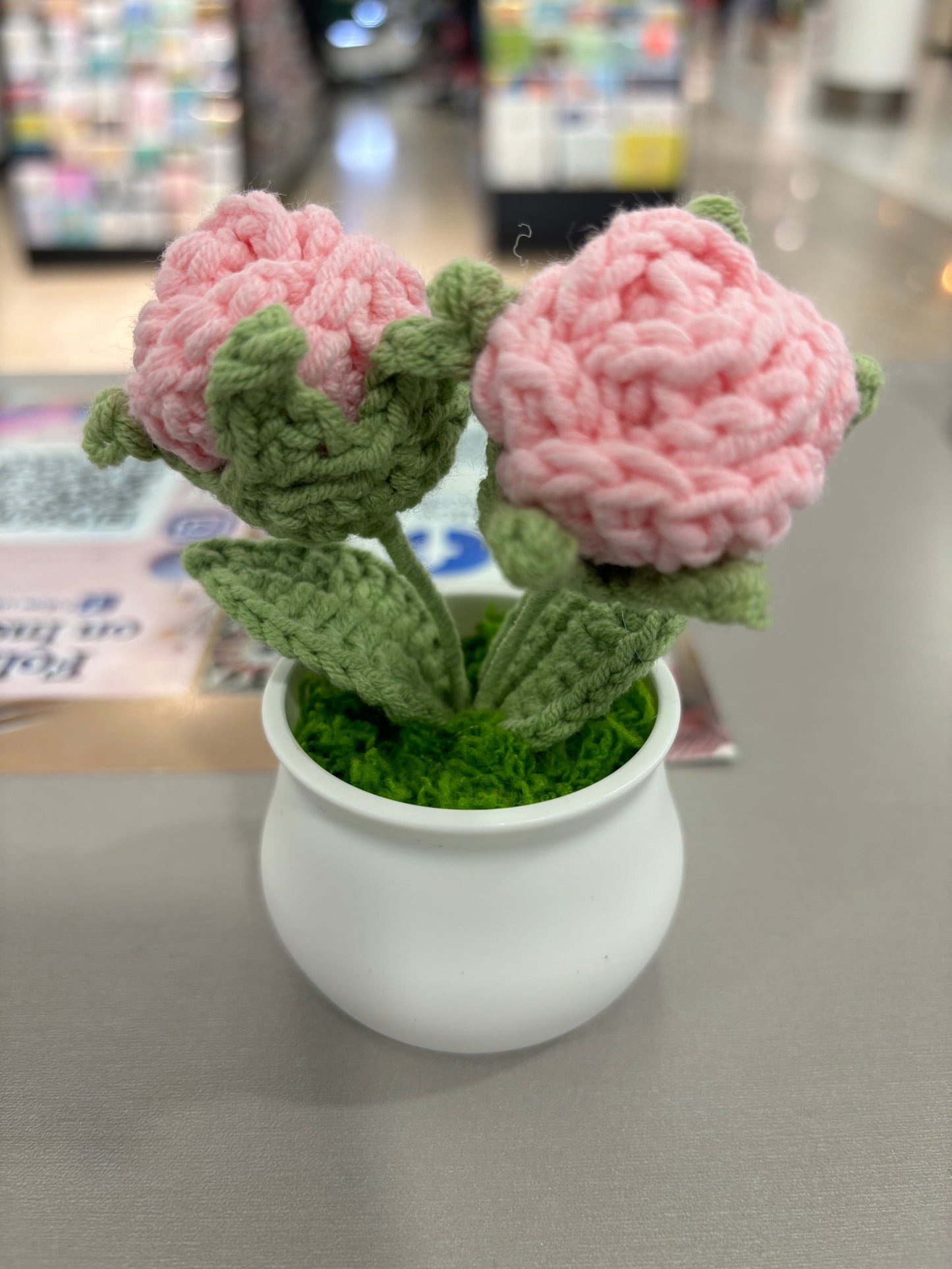 Hand-Crocheted Double Red Rose in White Pot