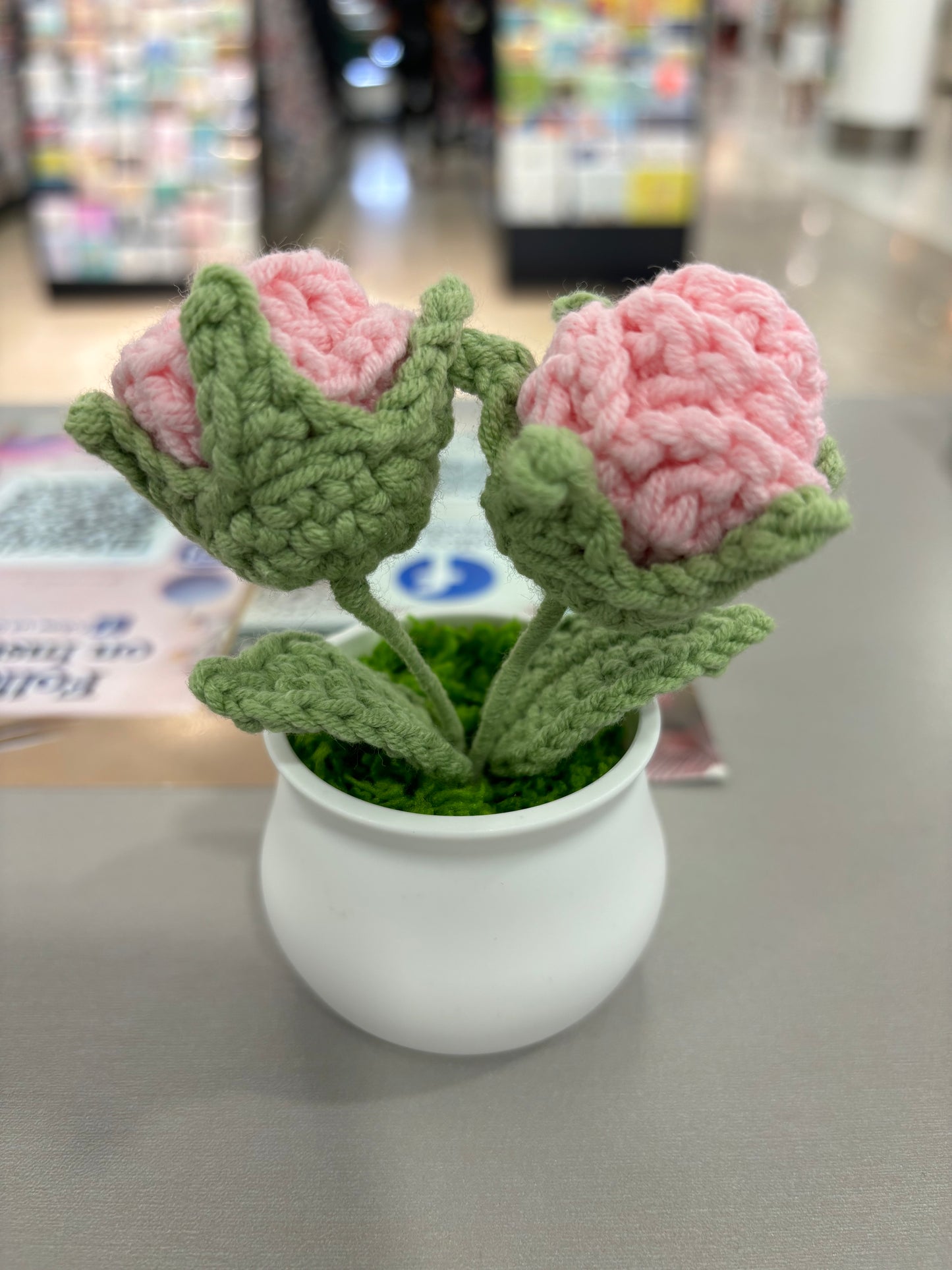 Hand-Crocheted Double Red Rose in White Pot