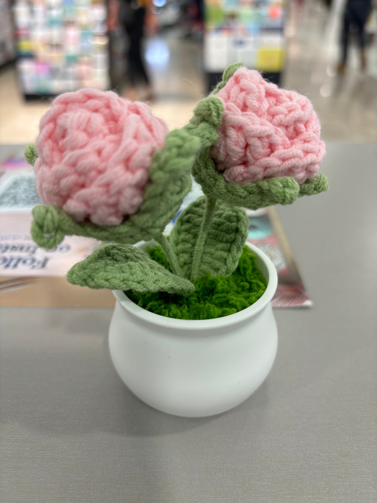 Hand-Crocheted Double Red Rose in White Pot