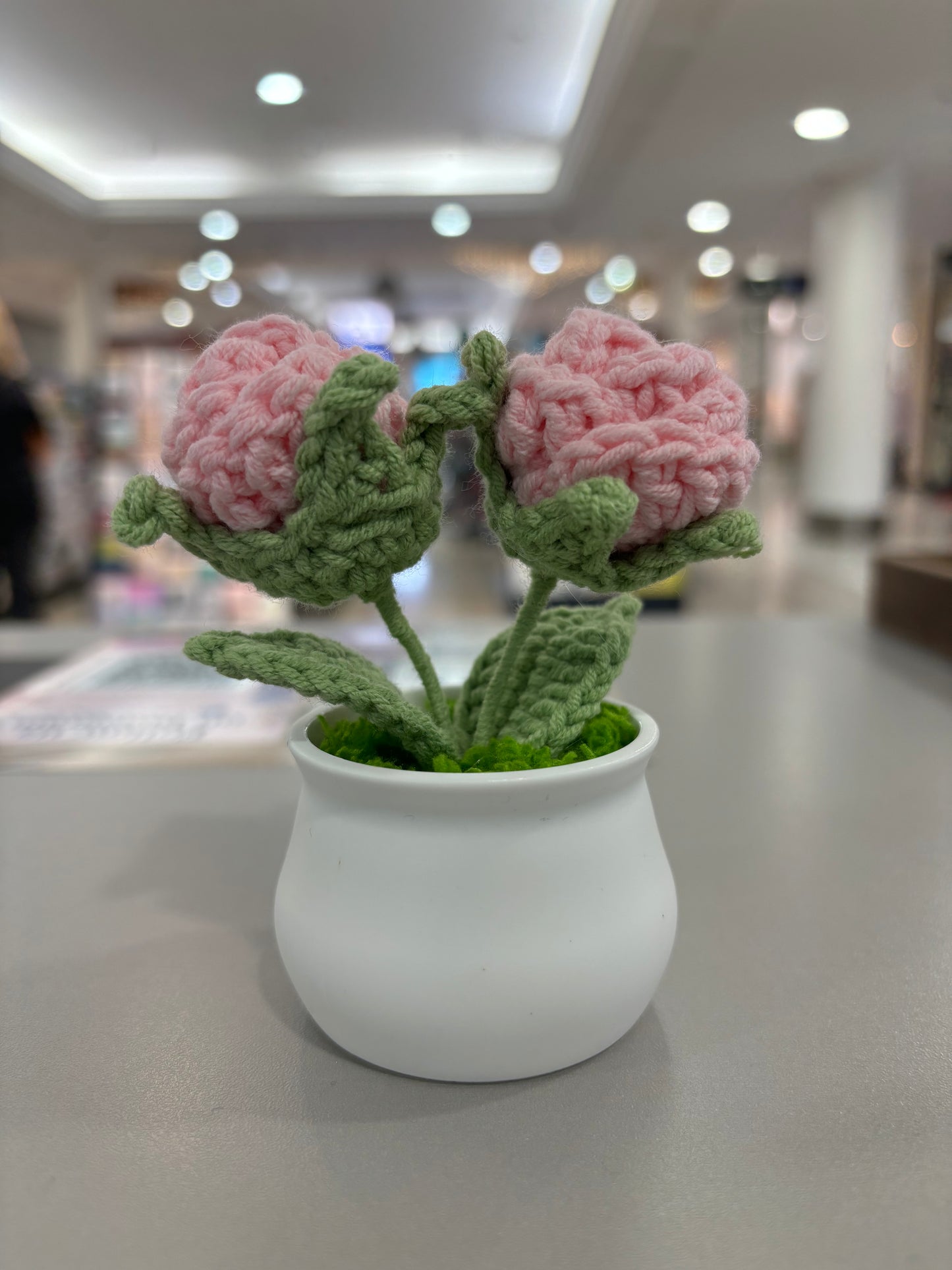 Hand-Crocheted Double Red Rose in White Pot
