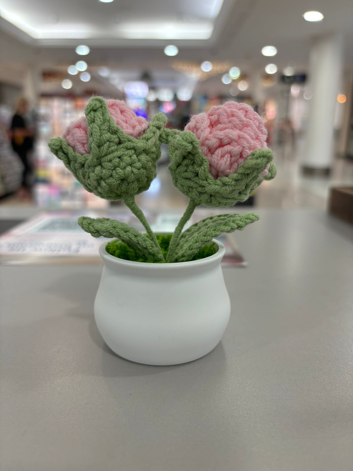 Hand-Crocheted Double Red Rose in White Pot