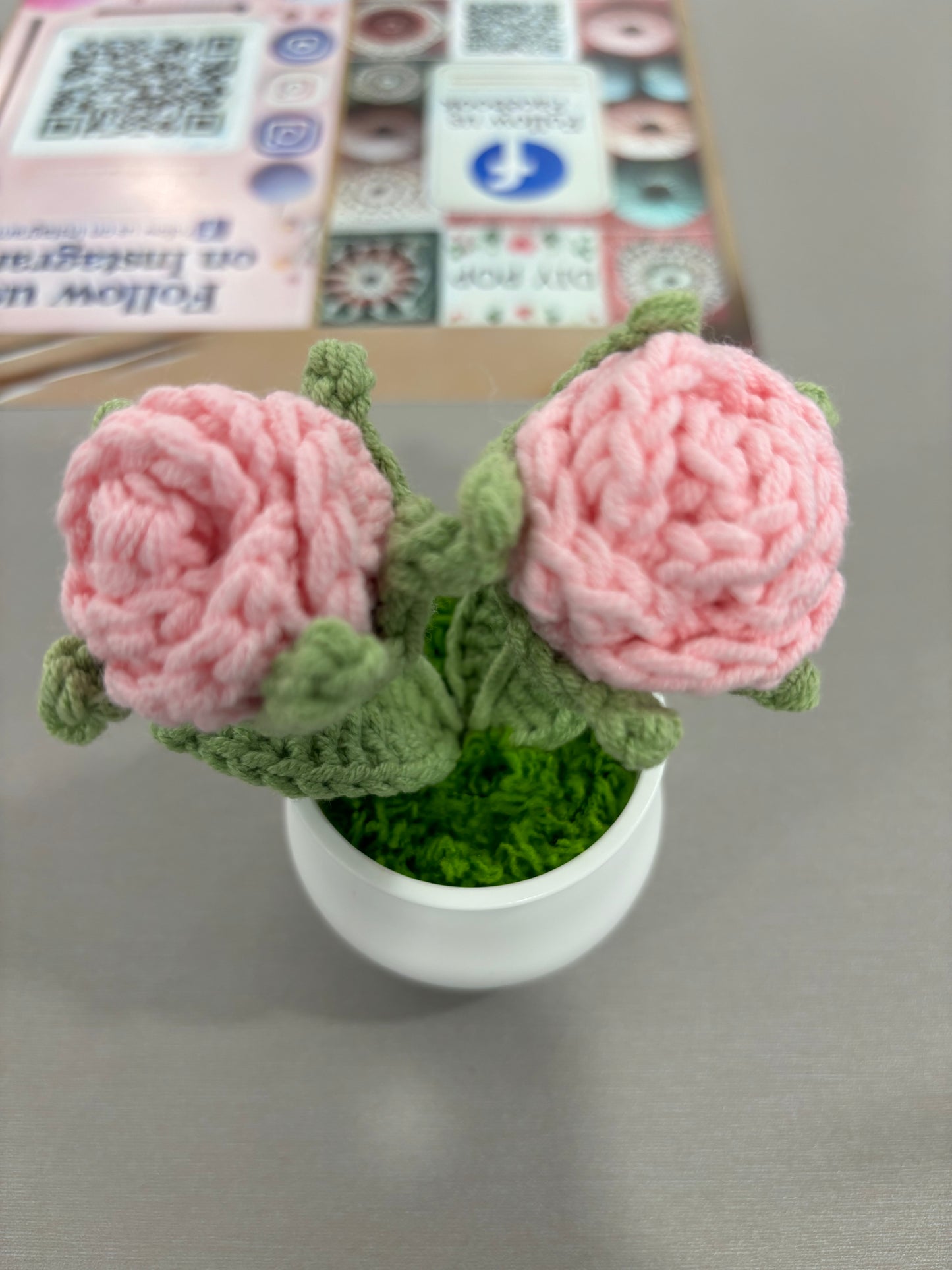 Hand-Crocheted Double Red Rose in White Pot