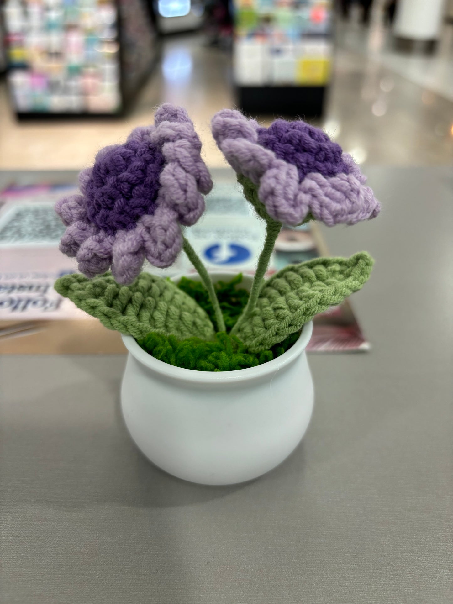 Hand-Crocheted Purple Daisy Flowers in Decorative Plastic Pot