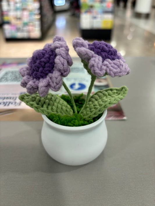 Hand-Crocheted Purple Daisy Flowers in Decorative Plastic Pot