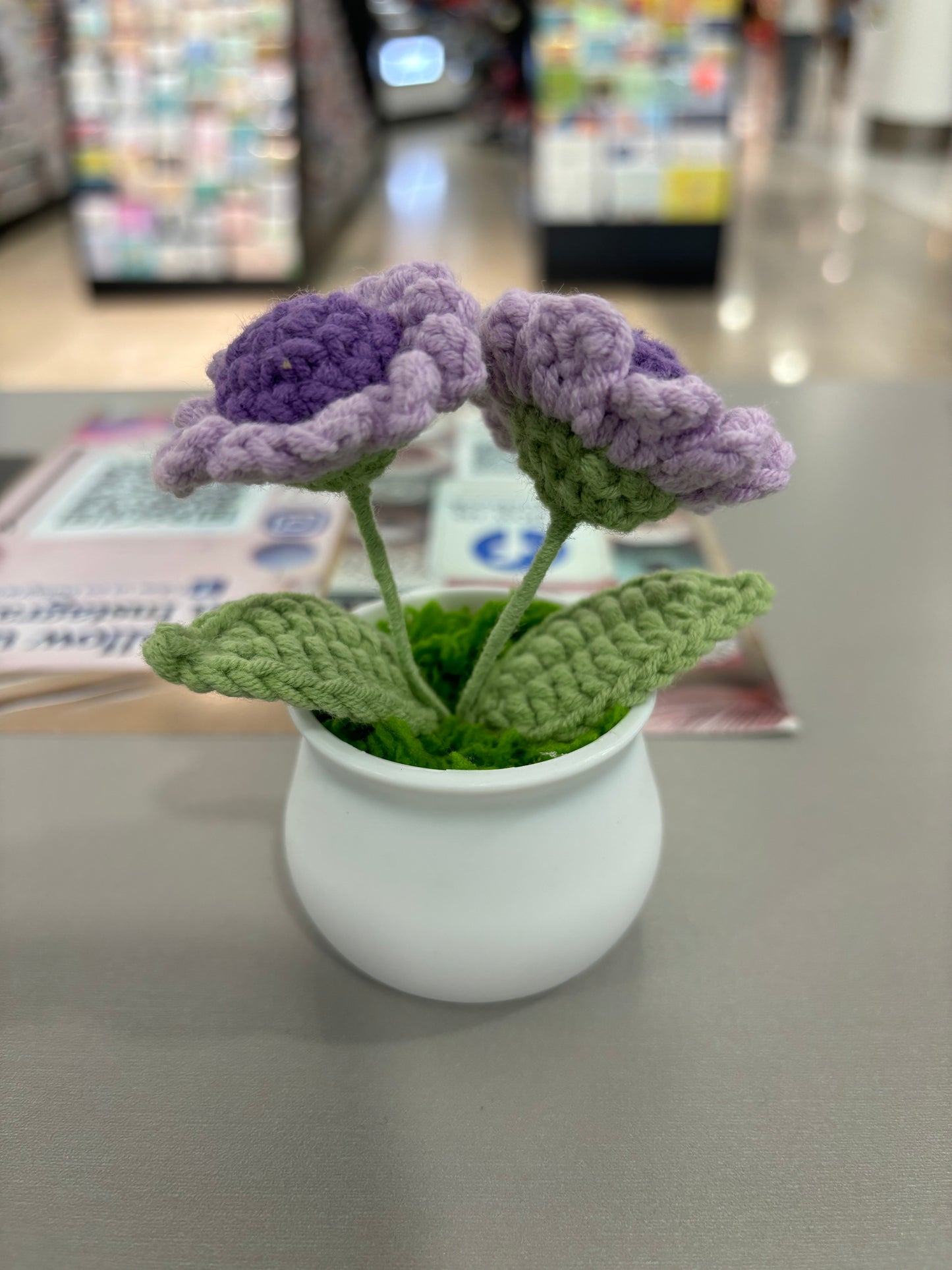 Hand-Crocheted Purple Daisy Flowers in Decorative Plastic Pot