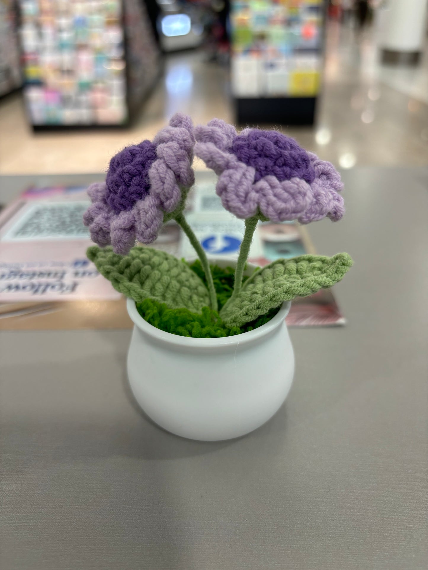 Hand-Crocheted Purple Daisy Flowers in Decorative Plastic Pot
