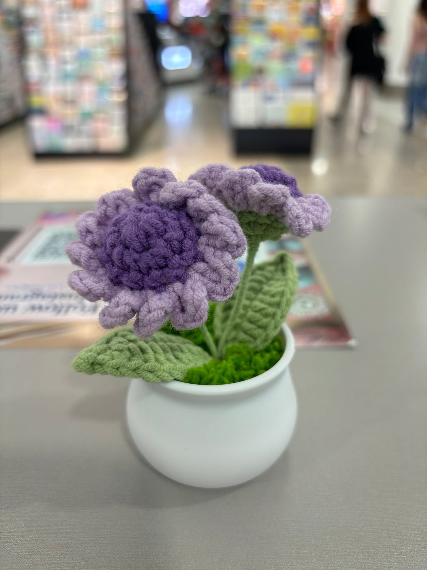 Hand-Crocheted Purple Daisy Flowers in Decorative Plastic Pot