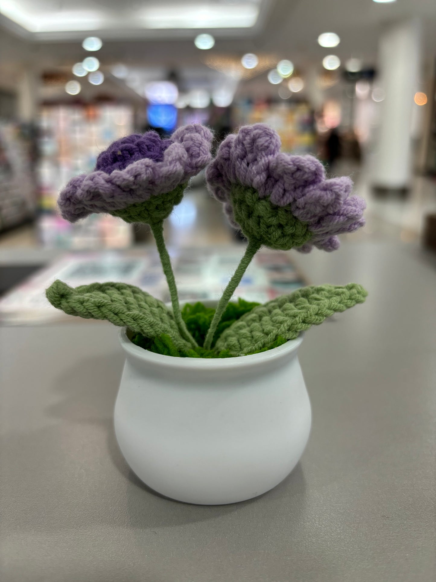 Hand-Crocheted Purple Daisy Flowers in Decorative Plastic Pot