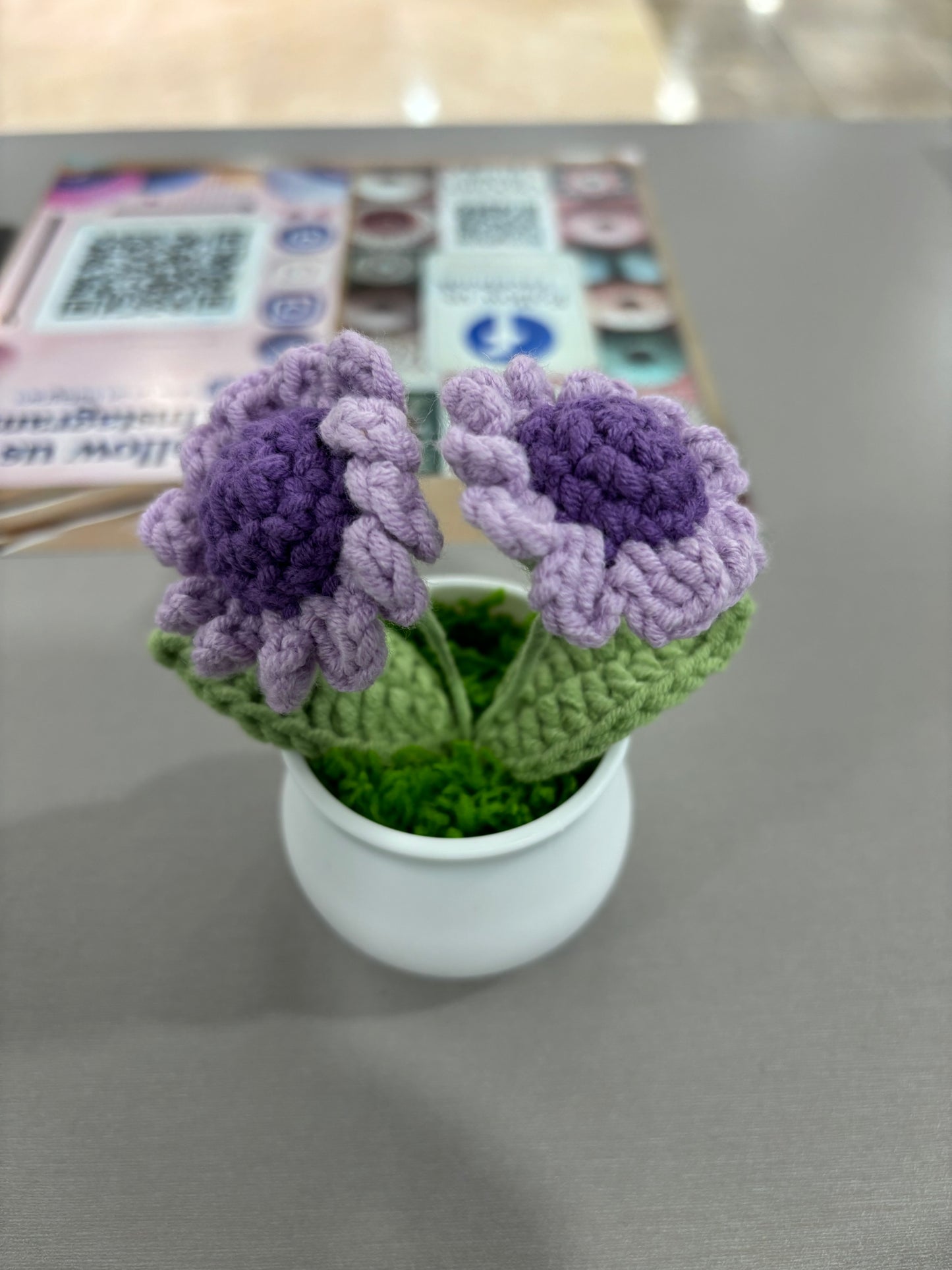 Hand-Crocheted Purple Daisy Flowers in Decorative Plastic Pot