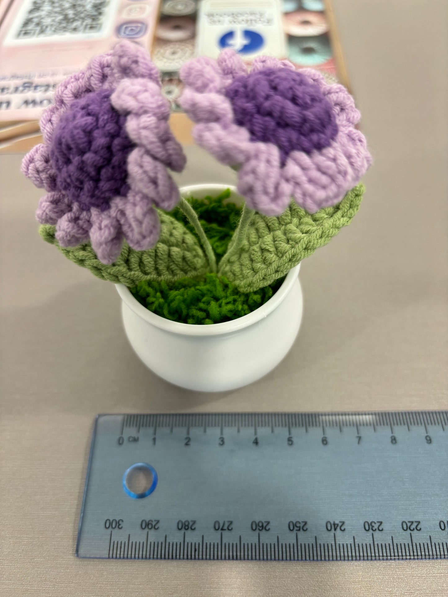 Hand-Crocheted Purple Daisy Flowers in Decorative Plastic Pot
