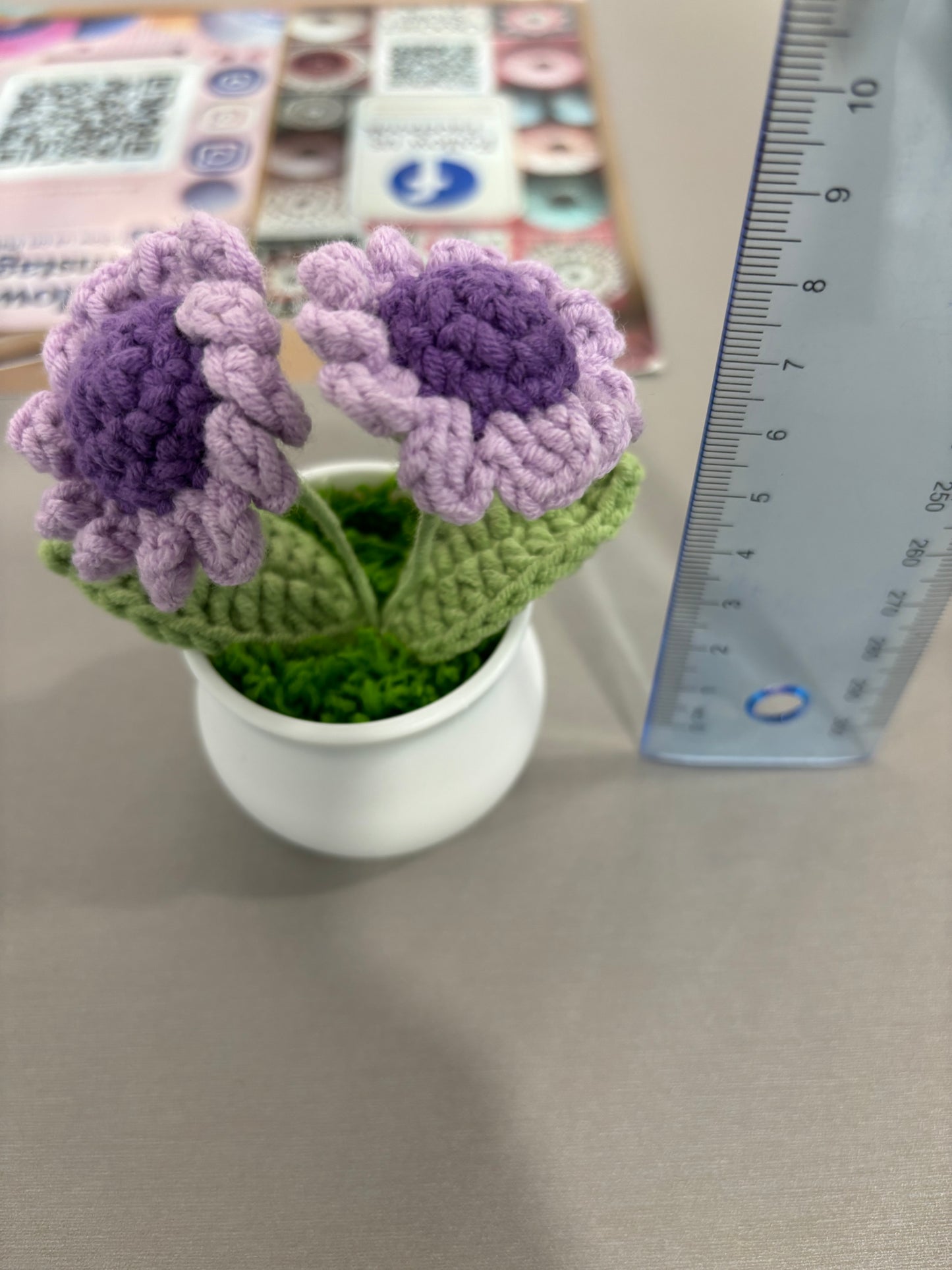 Hand-Crocheted Purple Daisy Flowers in Decorative Plastic Pot