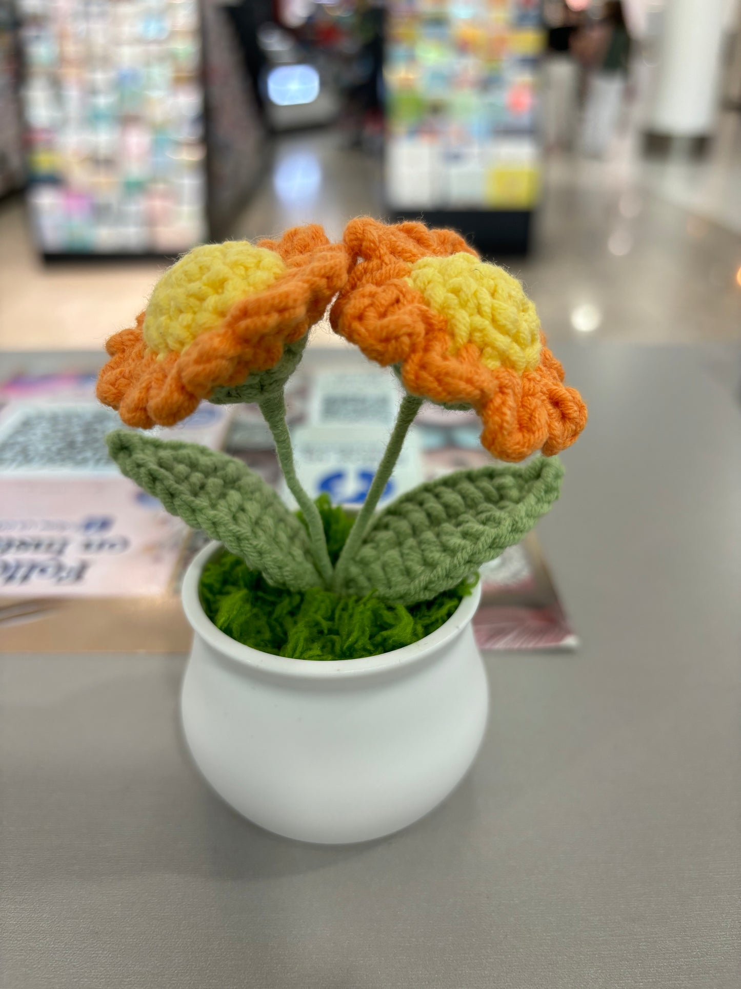 Hand-Crocheted Purple Daisy Flowers in Decorative Plastic Pot