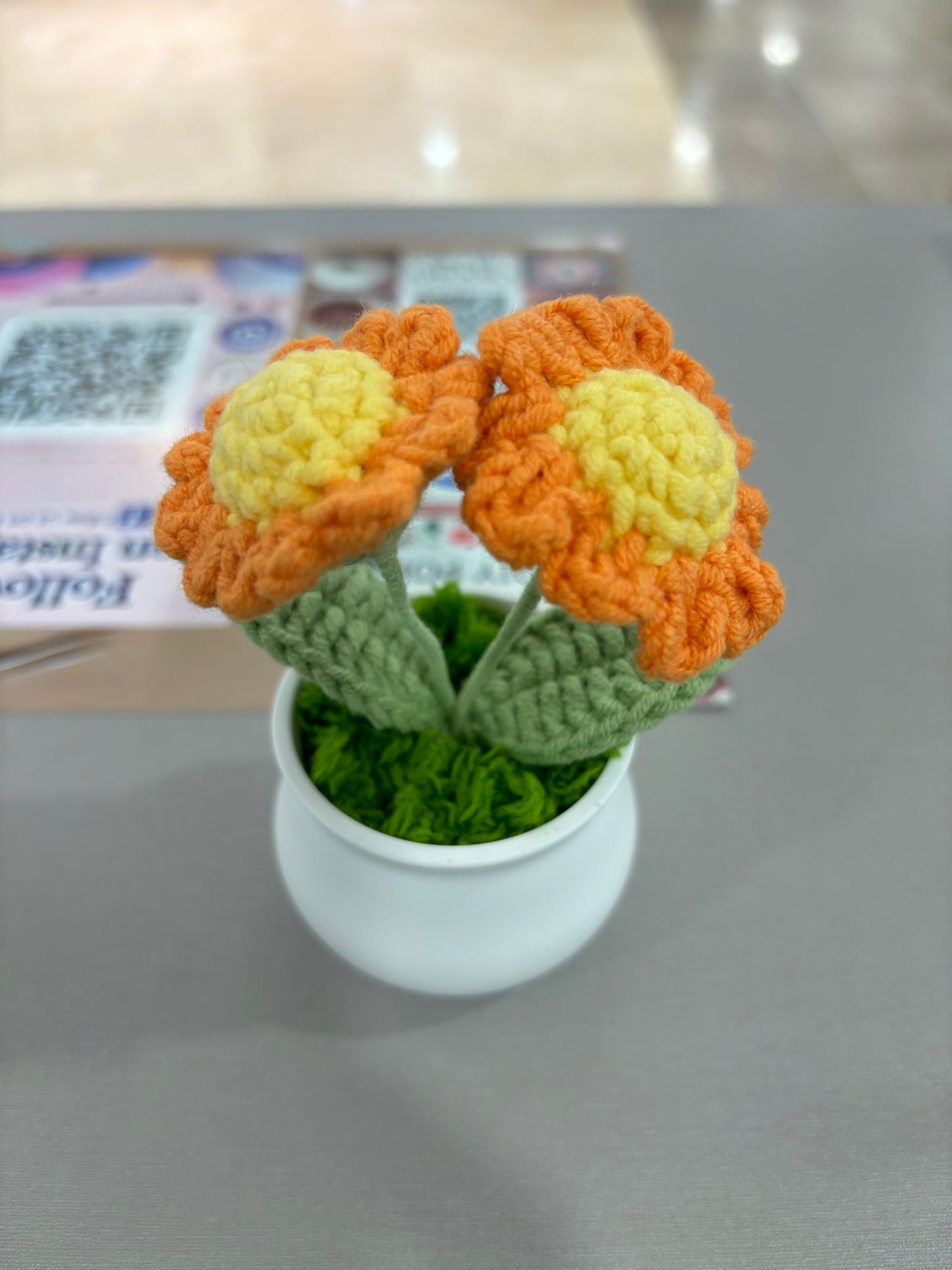 Hand-Crocheted Purple Daisy Flowers in Decorative Plastic Pot