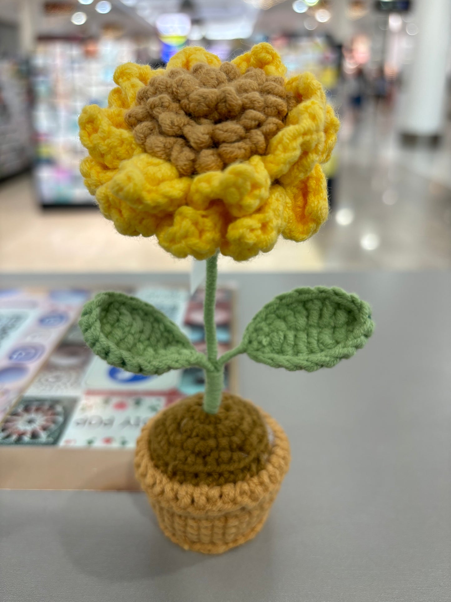 Handmade Crochet Sunflower with Textured Petals in Knitted Pot
