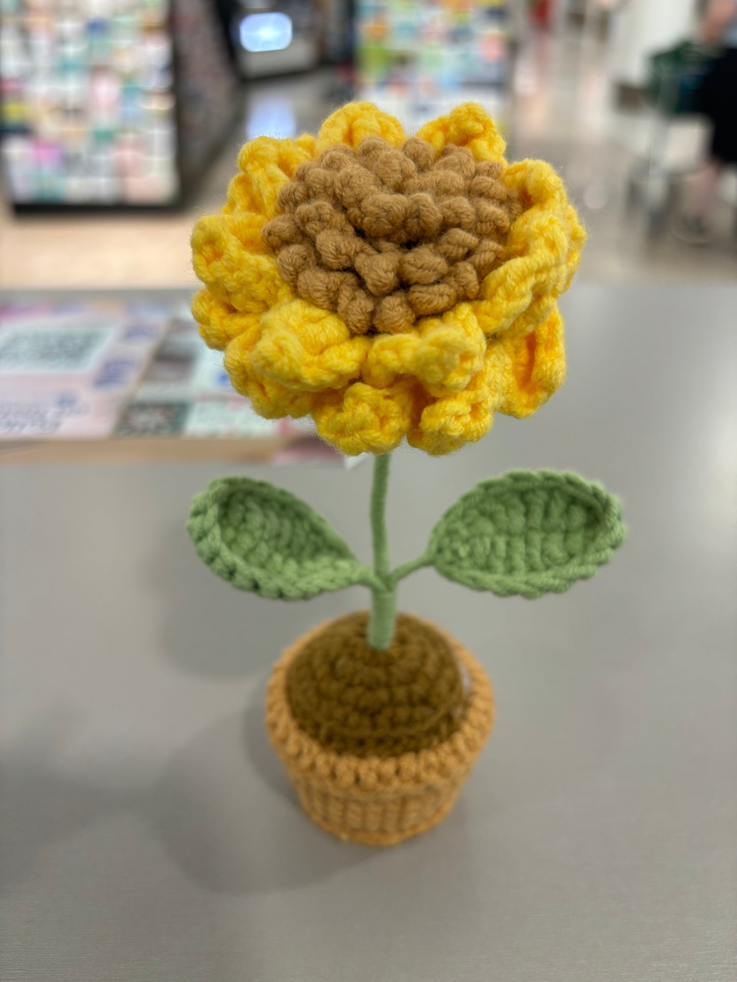 Handmade Crochet Sunflower with Textured Petals in Knitted Pot