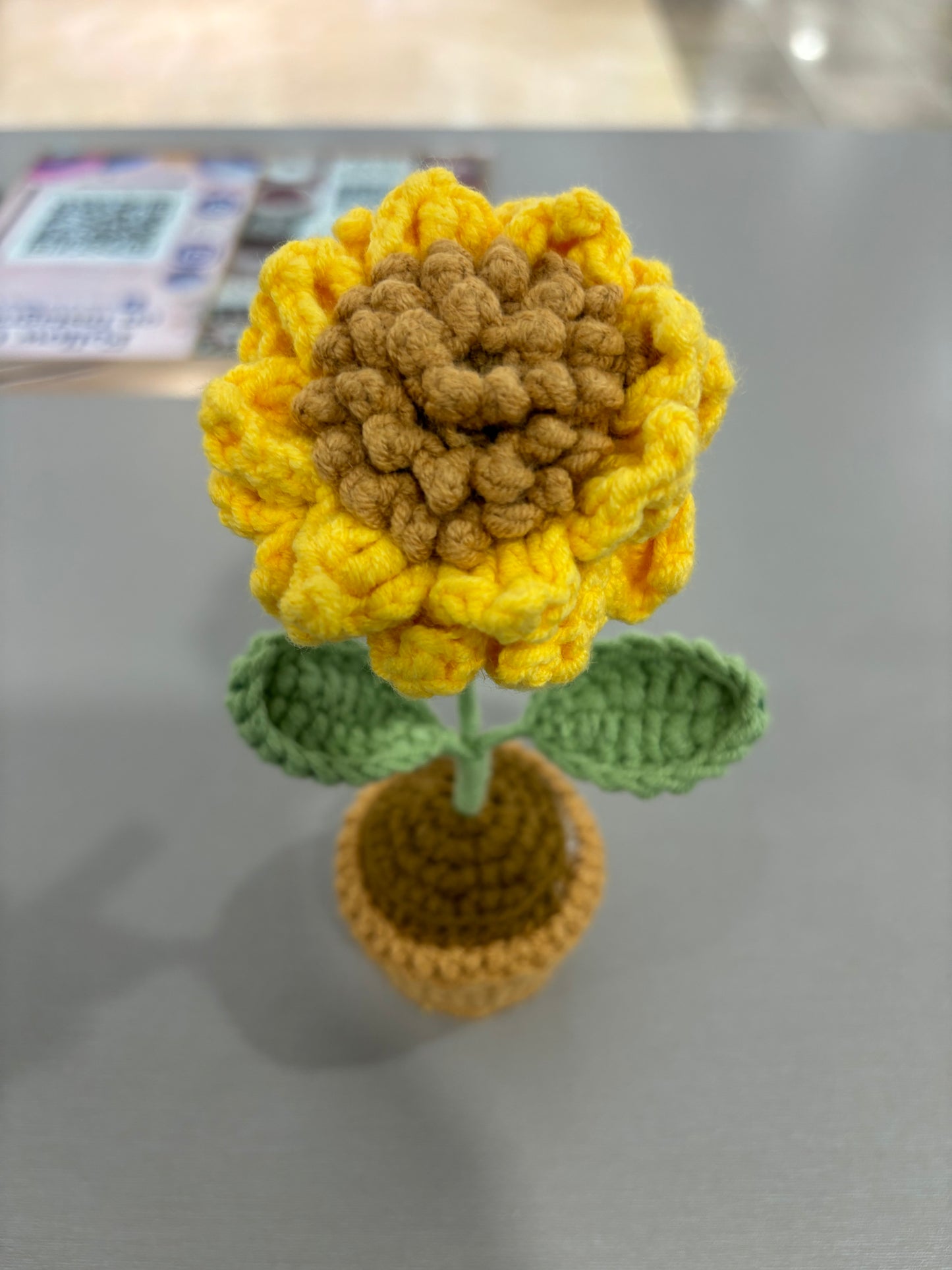 Handmade Crochet Sunflower with Textured Petals in Knitted Pot