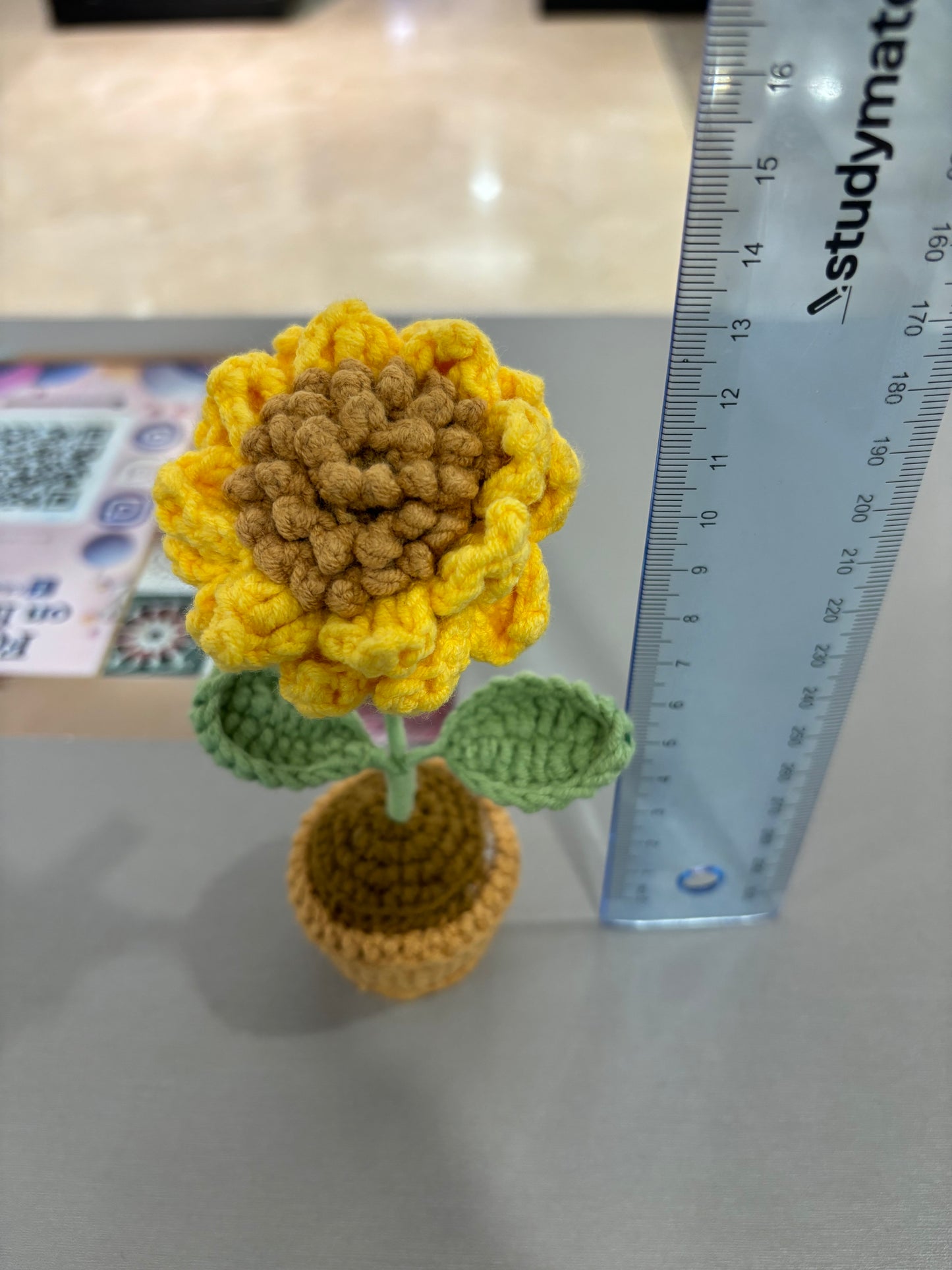 Handmade Crochet Sunflower with Textured Petals in Knitted Pot