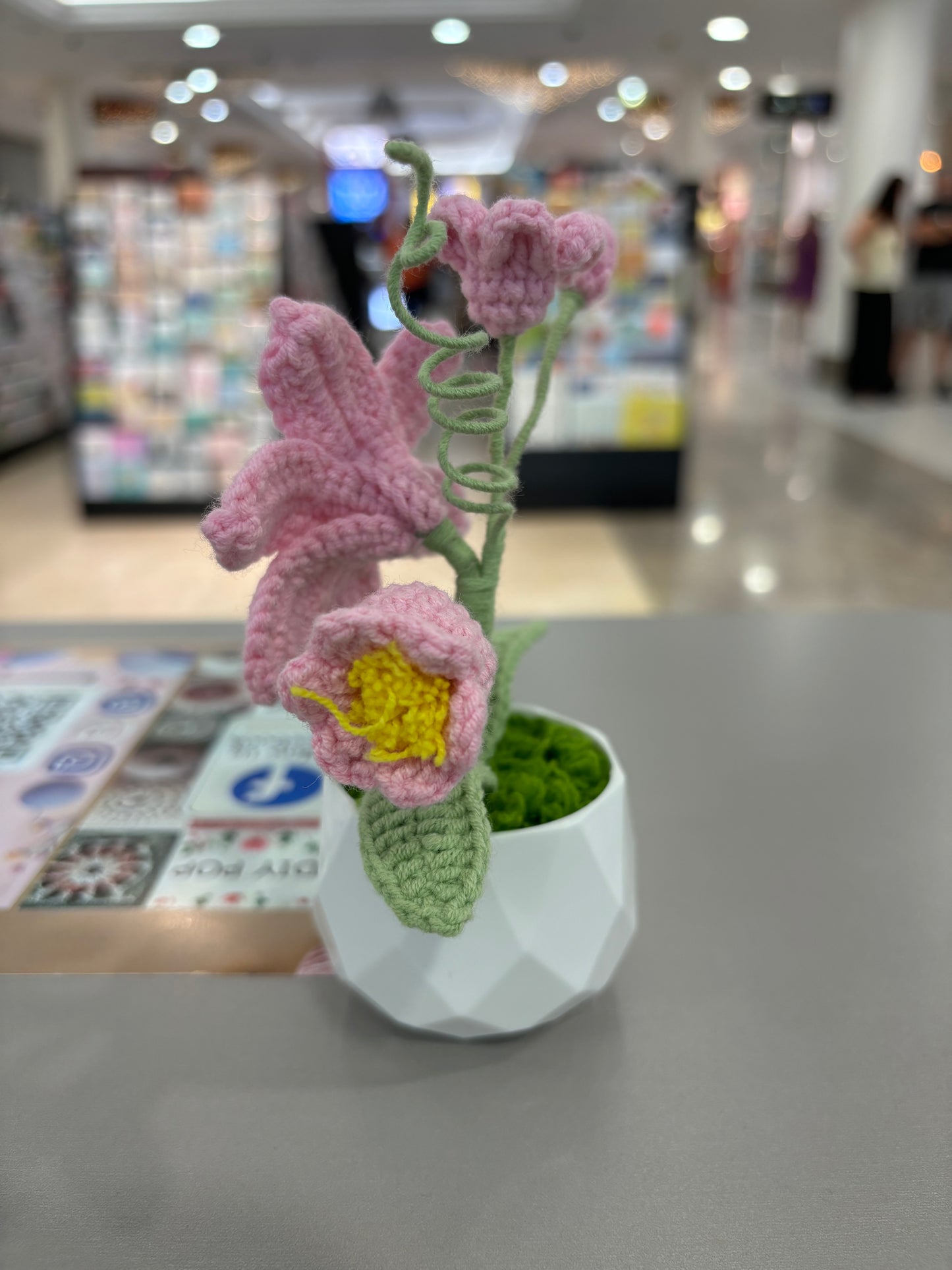 Handmade Crochet Pink Lily in Geometric White Pot