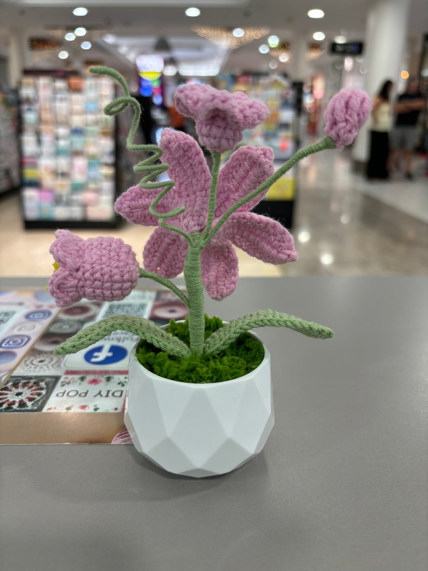Handmade Crochet Pink Lily in Geometric White Pot