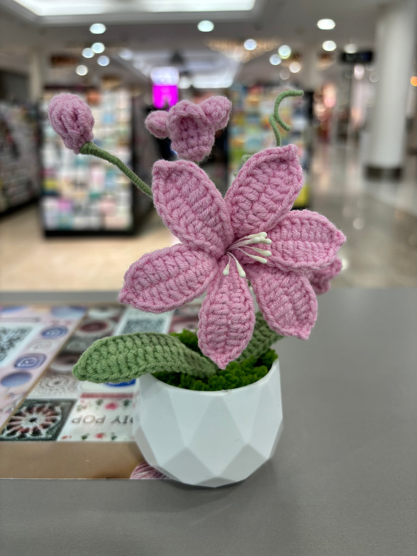 Handmade Crochet Pink Lily in Geometric White Pot