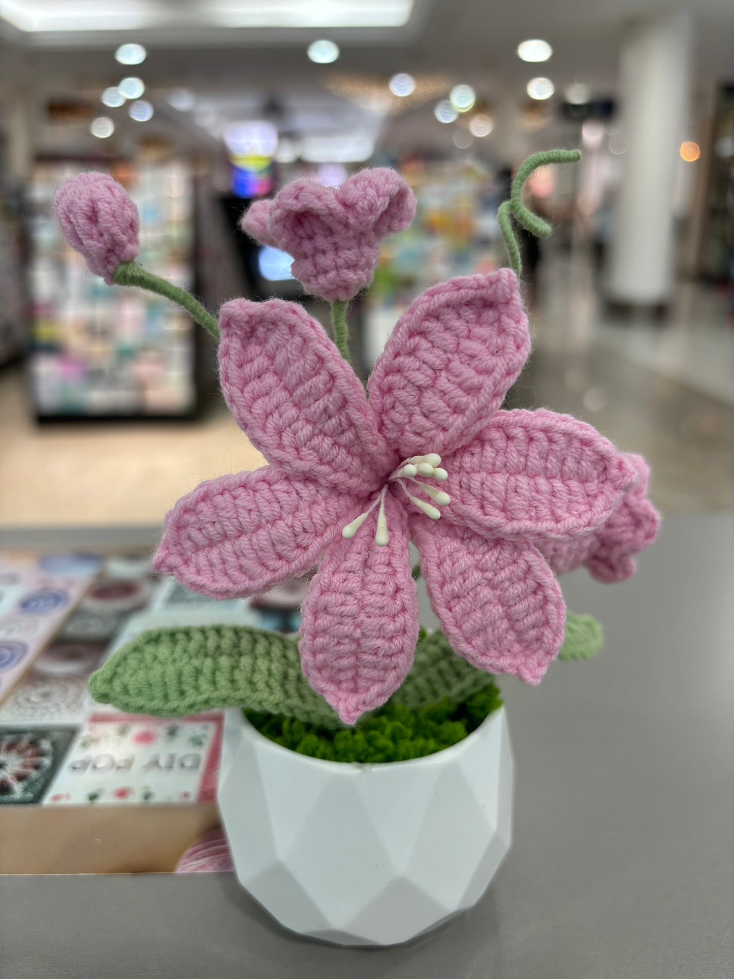 Handmade Crochet Pink Lily in Geometric White Pot