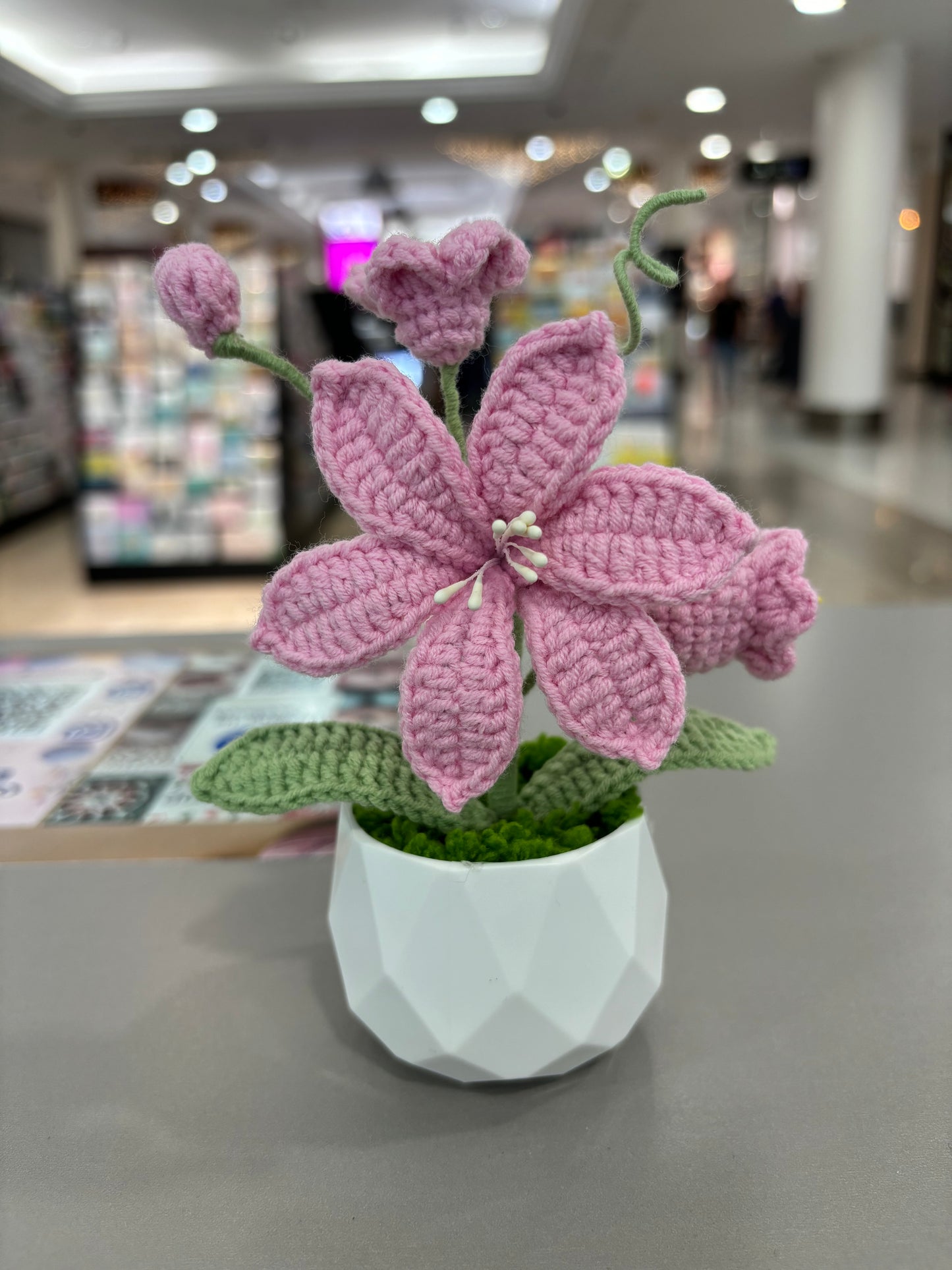 Handmade Crochet Pink Lily in Geometric White Pot