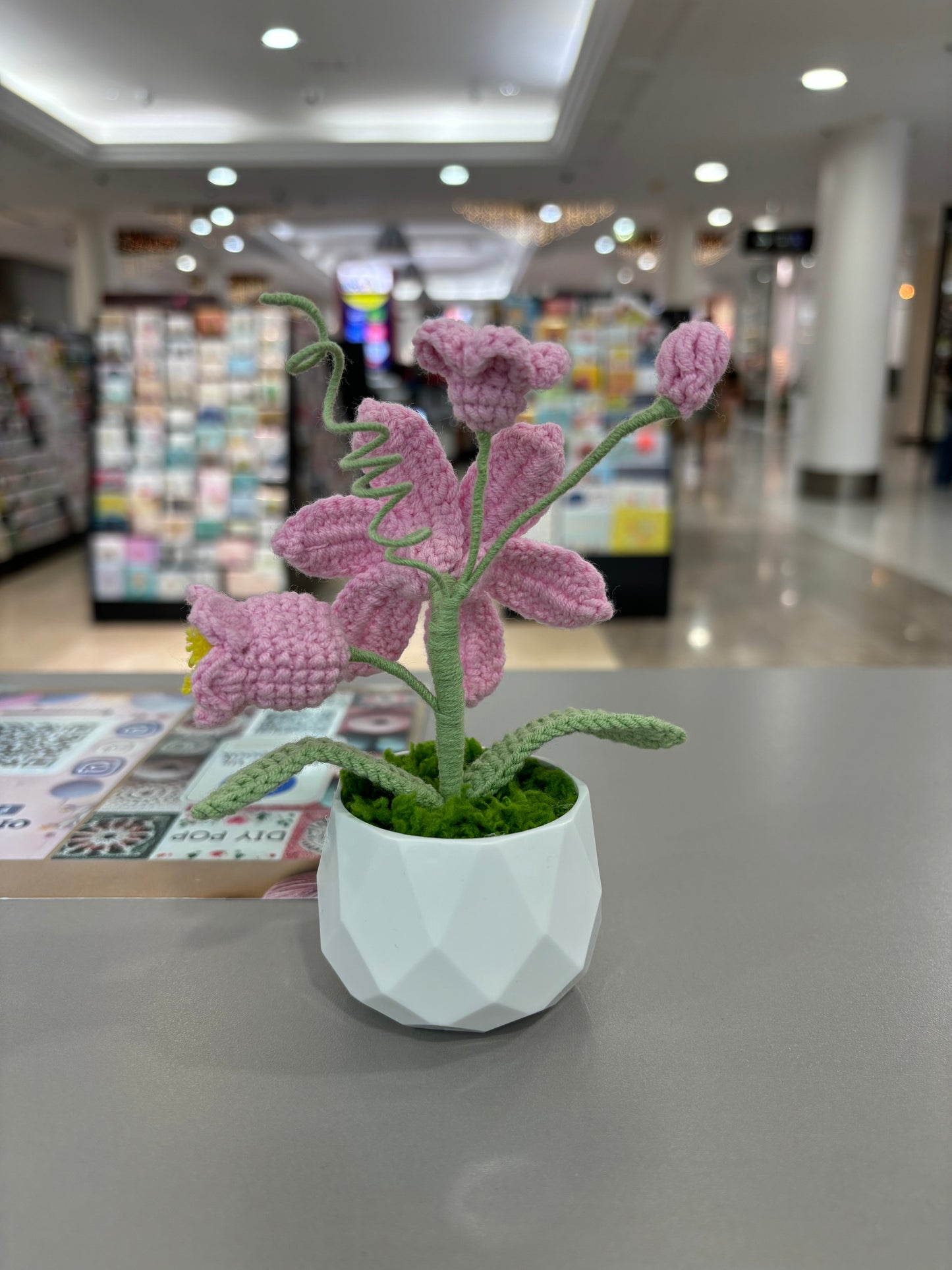 Handmade Crochet Pink Lily in Geometric White Pot