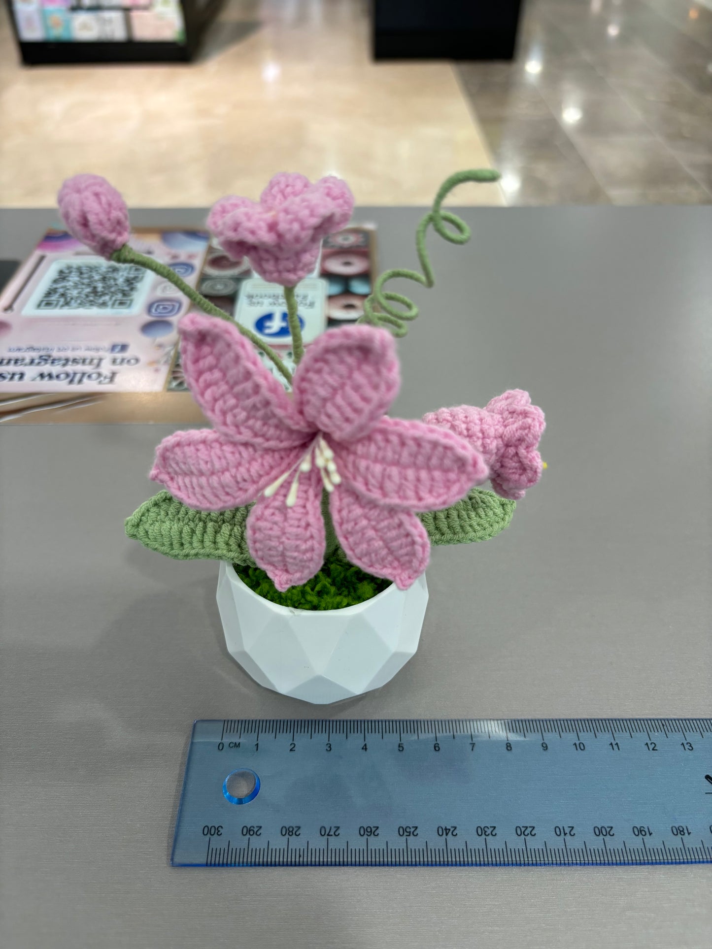 Handmade Crochet Pink Lily in Geometric White Pot