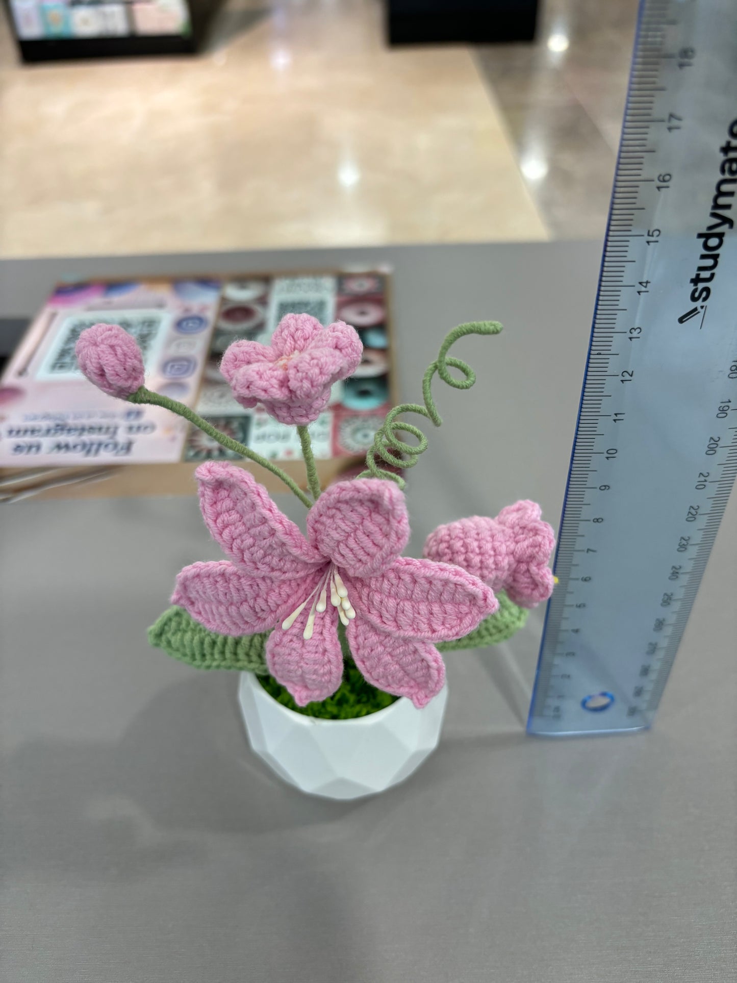 Handmade Crochet Pink Lily in Geometric White Pot