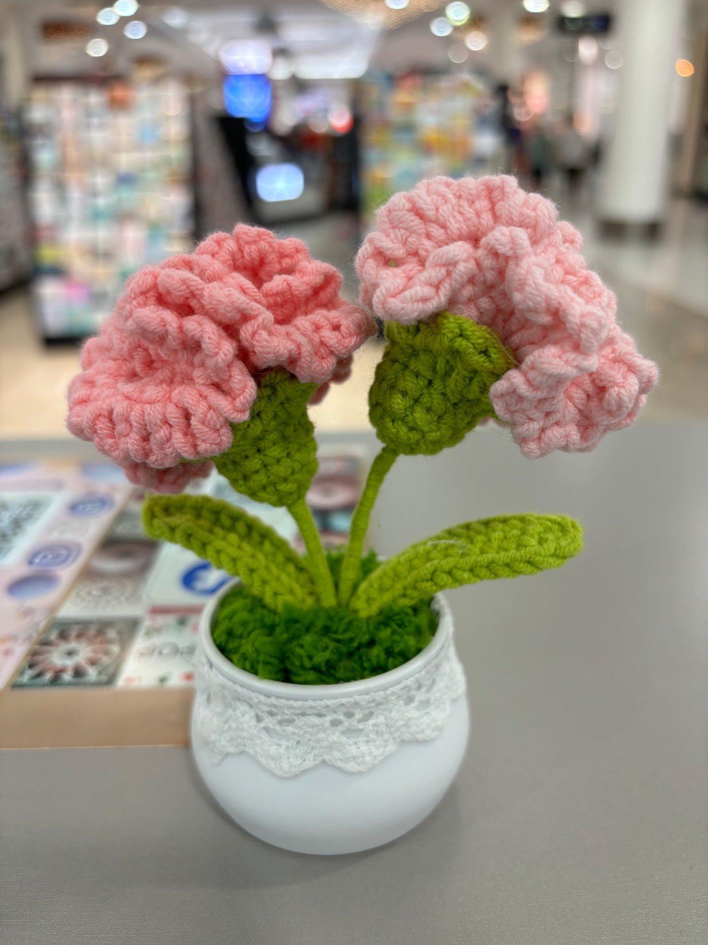 Hand-Crocheted Pink Carnation Arrangement in Lace-Trimmed Pot