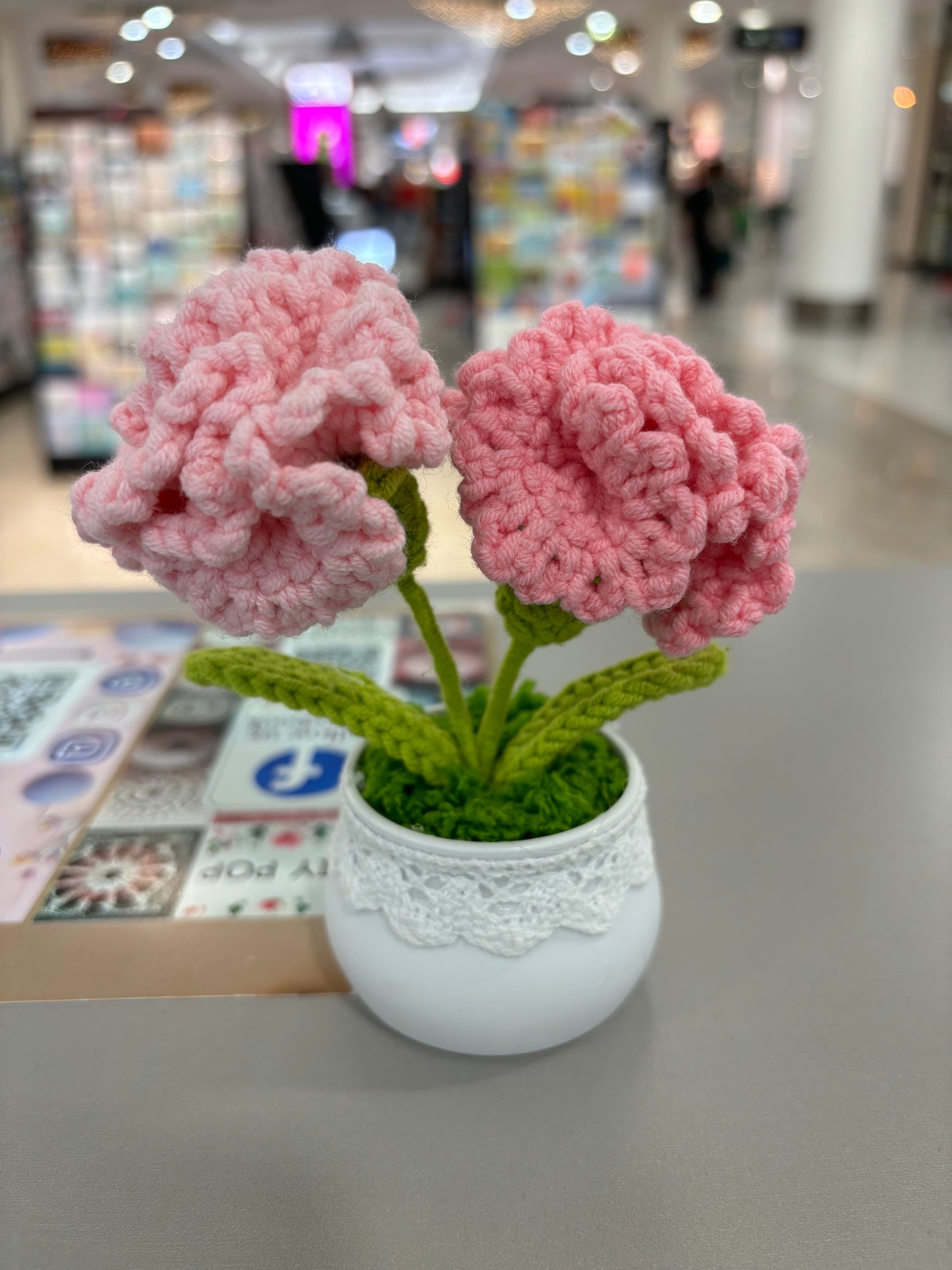 Hand-Crocheted Pink Carnation Arrangement in Lace-Trimmed Pot