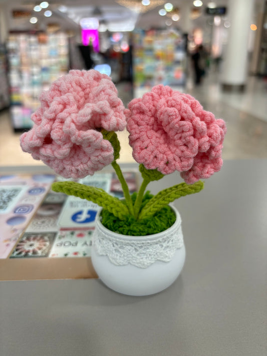 Hand-Crocheted Pink Carnation Arrangement in Lace-Trimmed Pot