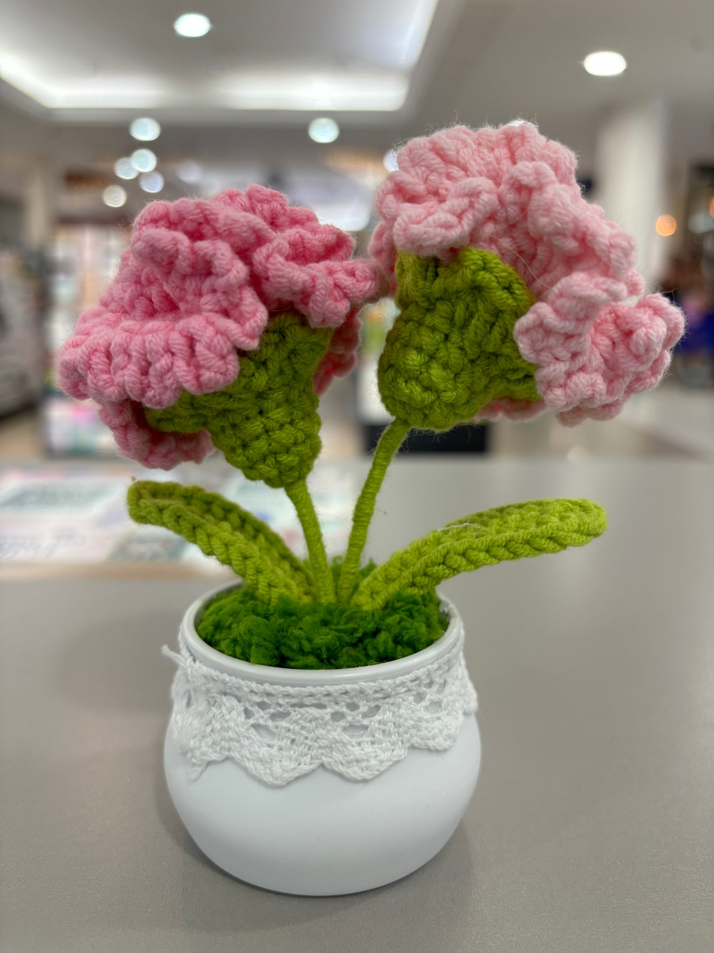 Hand-Crocheted Pink Carnation Arrangement in Lace-Trimmed Pot