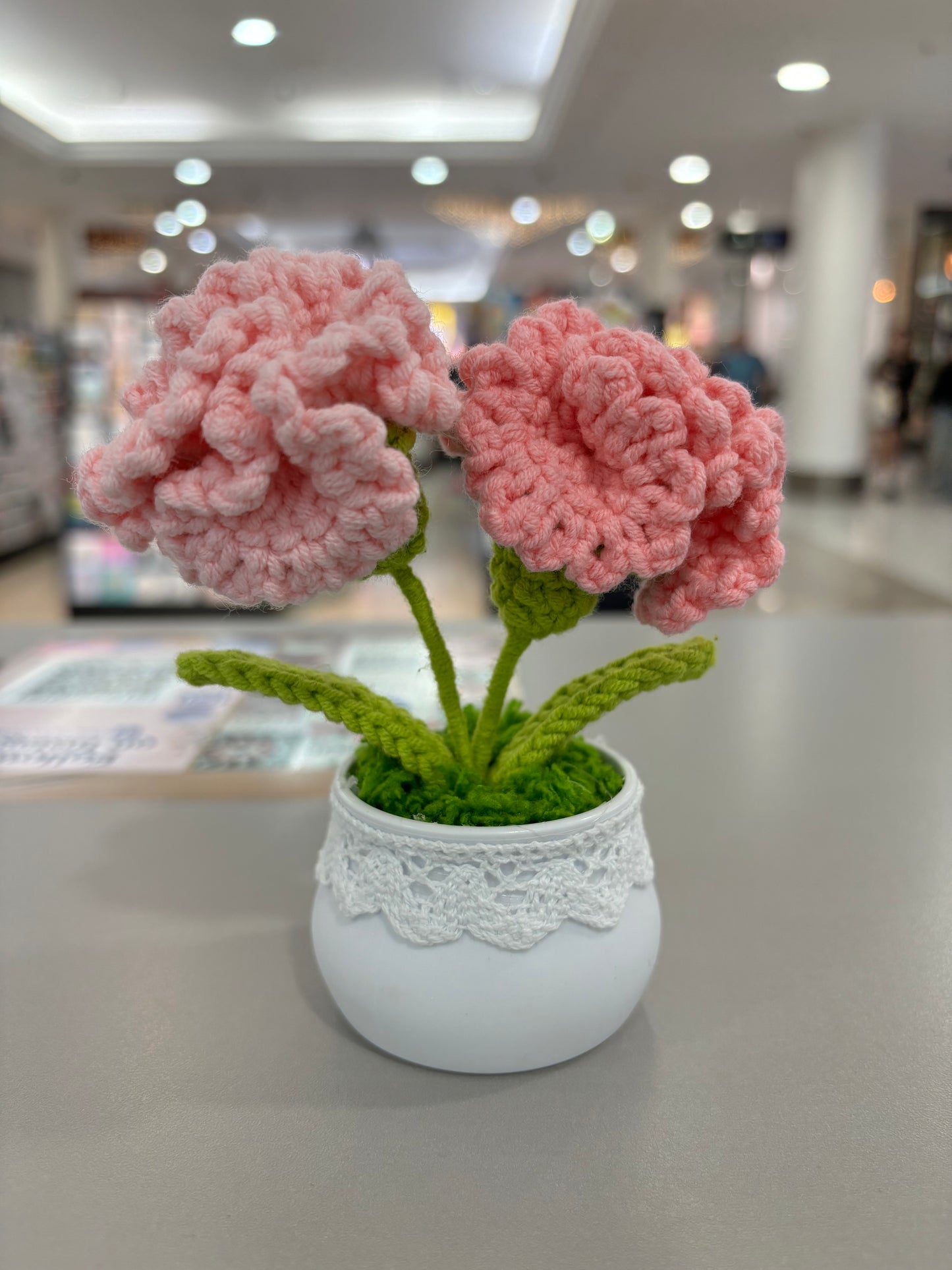 Hand-Crocheted Pink Carnation Arrangement in Lace-Trimmed Pot