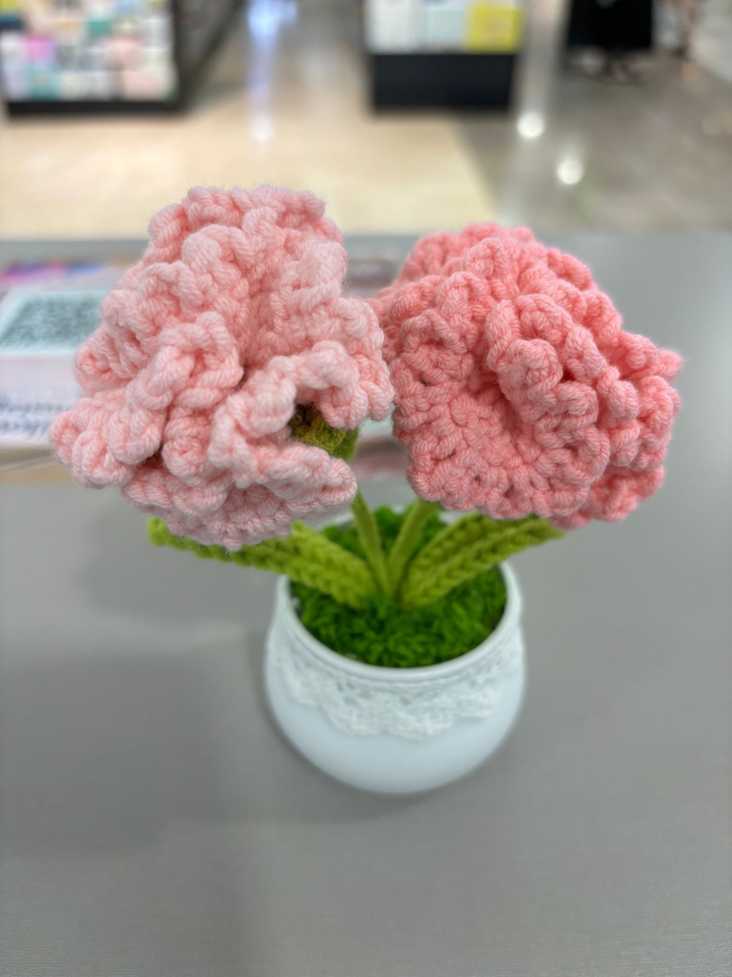 Hand-Crocheted Pink Carnation Arrangement in Lace-Trimmed Pot