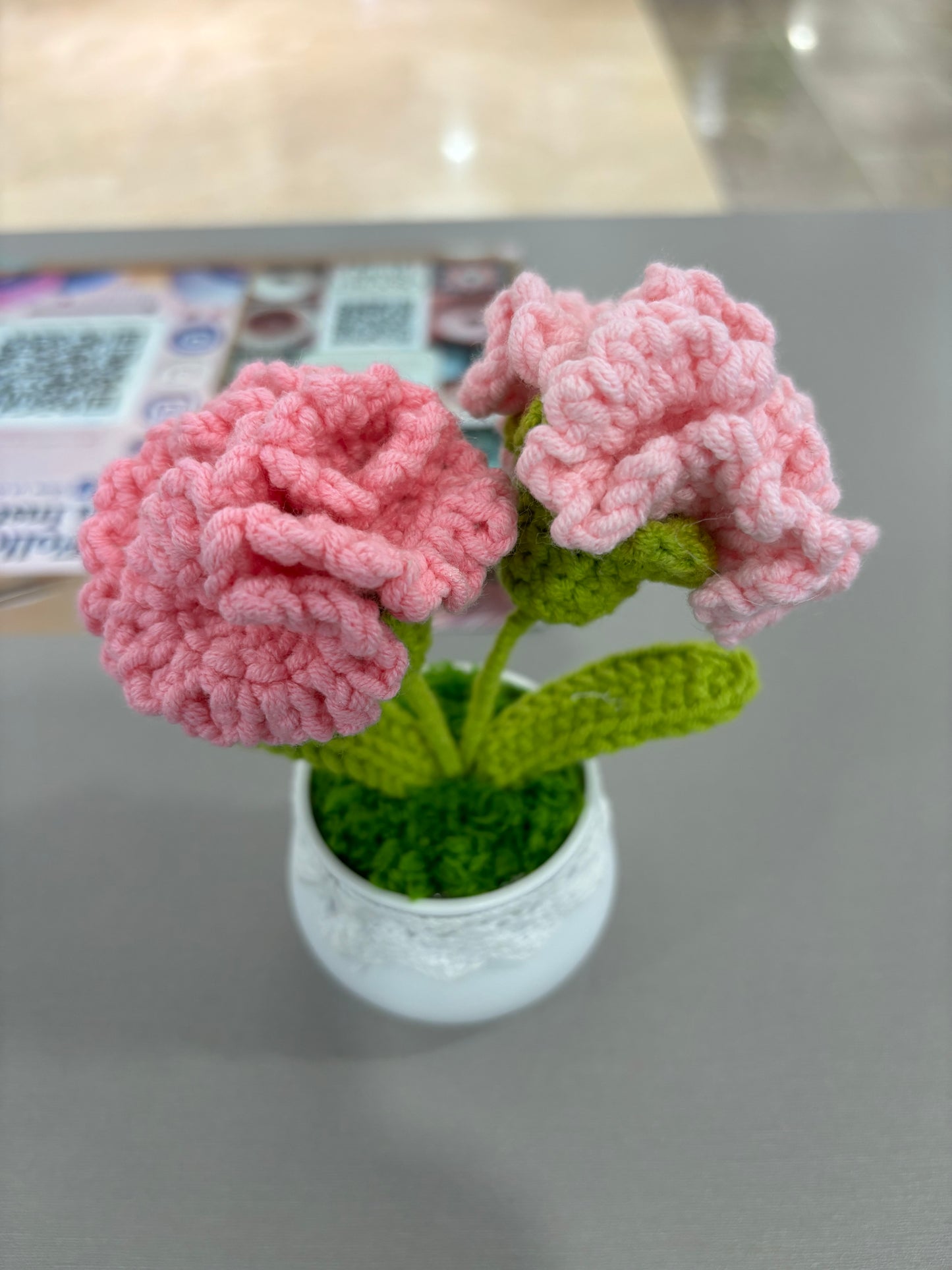 Hand-Crocheted Pink Carnation Arrangement in Lace-Trimmed Pot