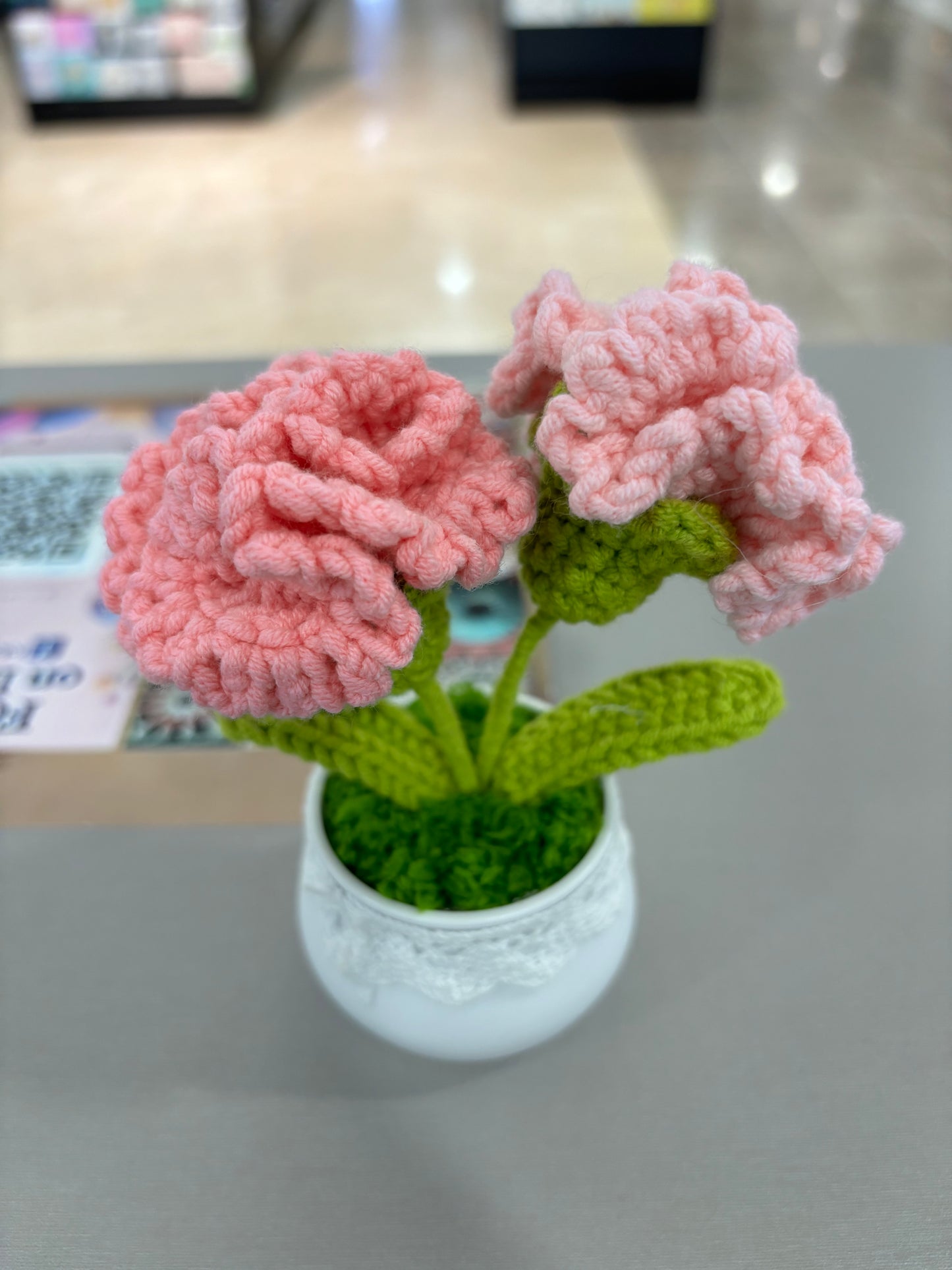Hand-Crocheted Pink Carnation Arrangement in Lace-Trimmed Pot