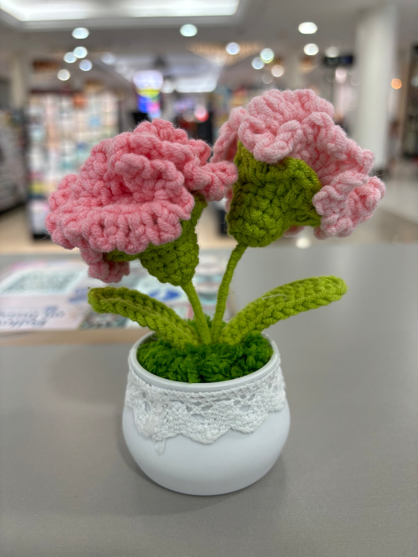 Hand-Crocheted Pink Carnation Arrangement in Lace-Trimmed Pot
