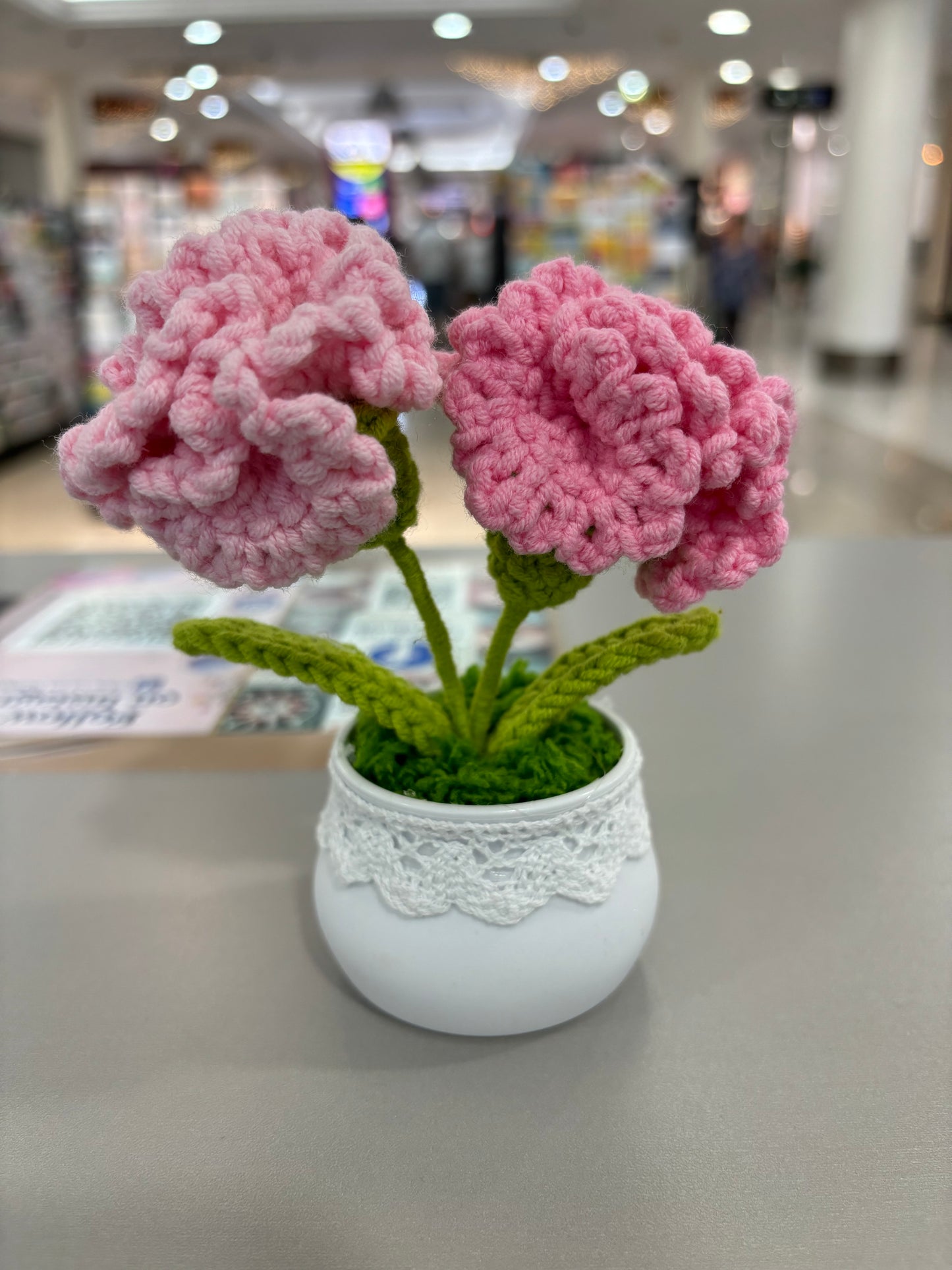 Hand-Crocheted Pink Carnation Arrangement in Lace-Trimmed Pot